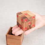 Casse-tête Dé enfermé en bois tenu en main au-dessus de son coffret – Jeux Faugère