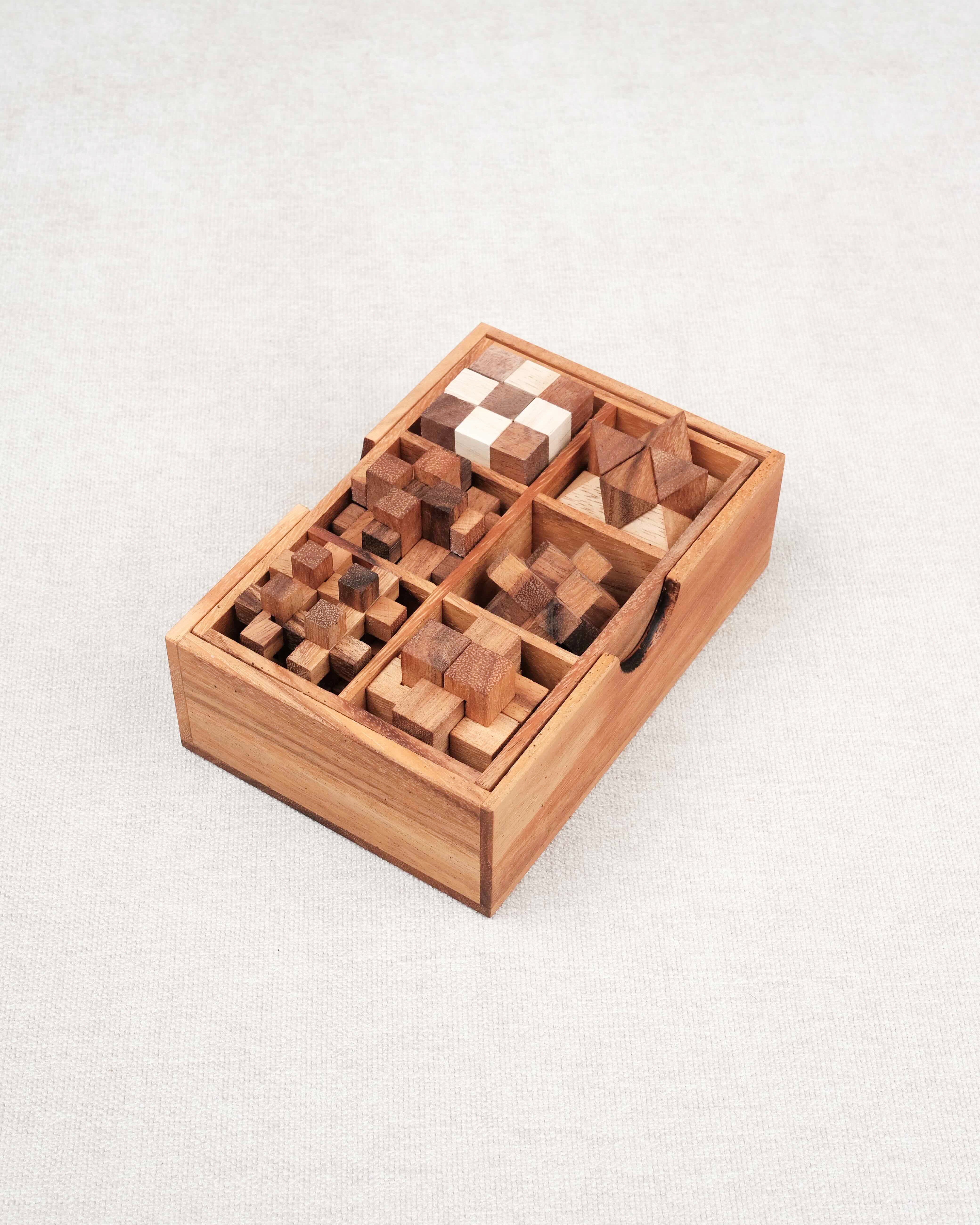 Coffret 6 casse-têtes en bois sur fond clair