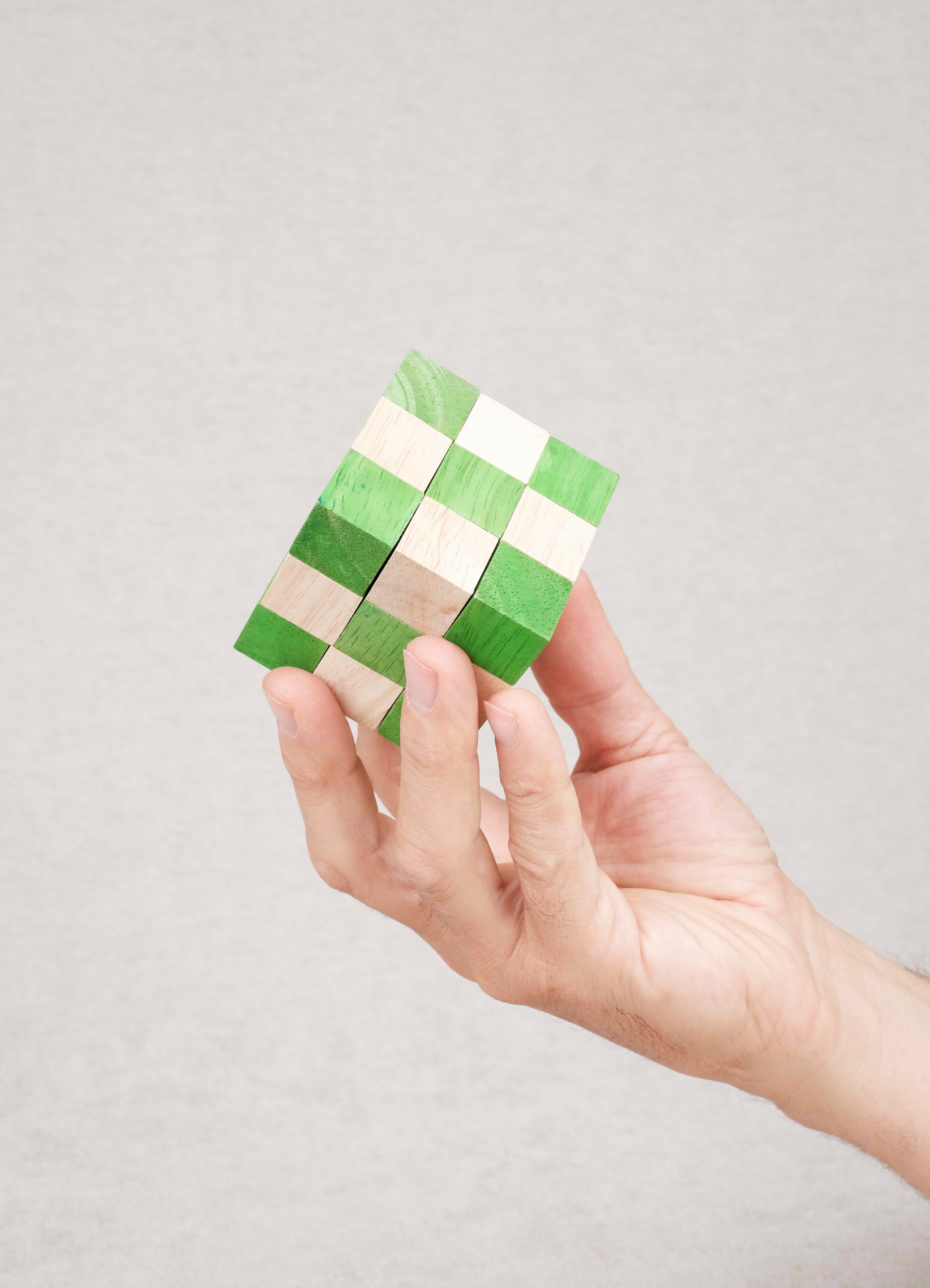 Cube Serpent vert en bois tenu à la main – Jeux Faugère
