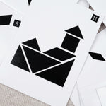 Solutions des cartes défis illustrées avec silhouettes géométriques en noir – Double Tangram Jeux Faugère