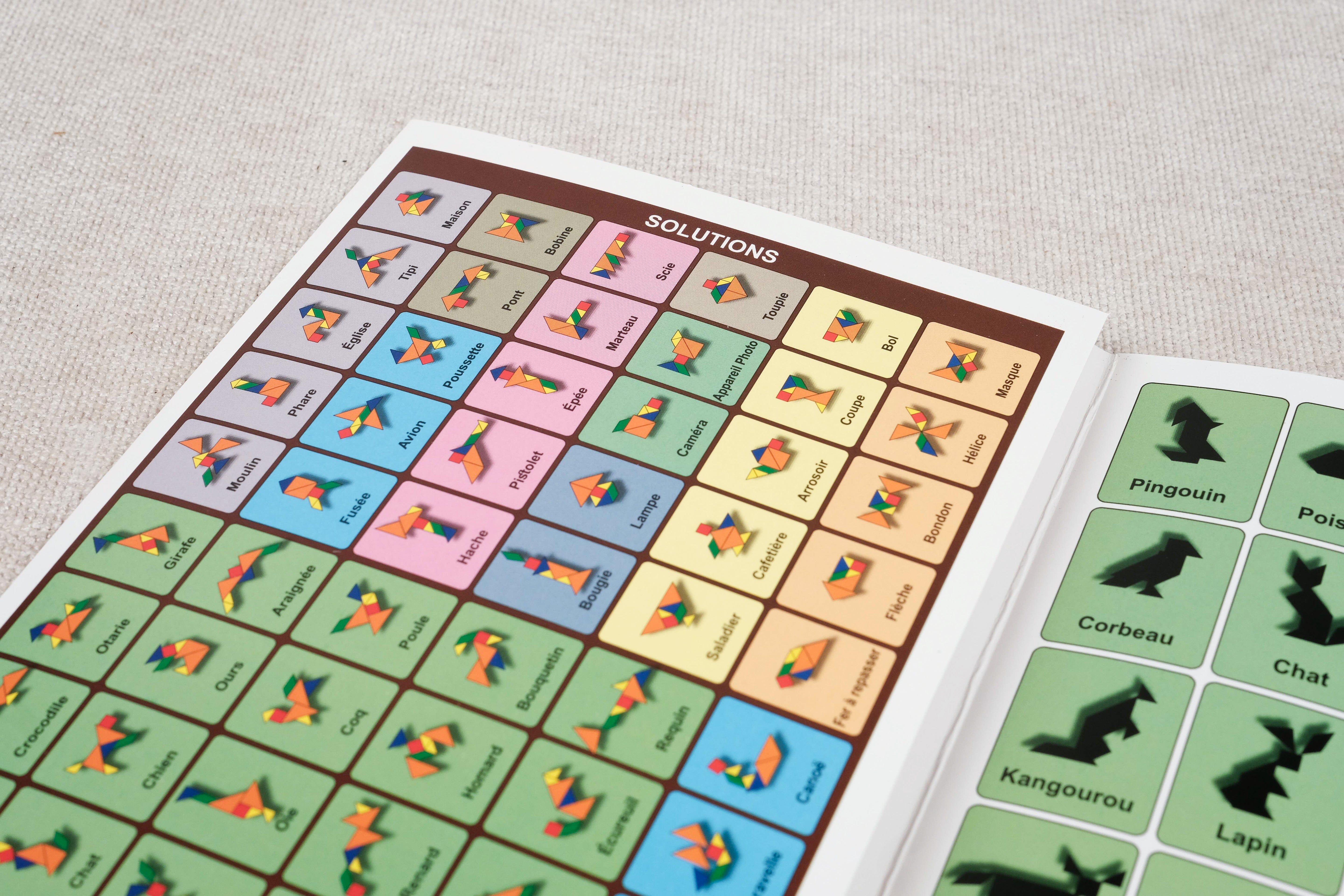 Pages du livret présentant différentes solutions des formes et défis du tangram – Tangram et son Livret Jeux Faugère