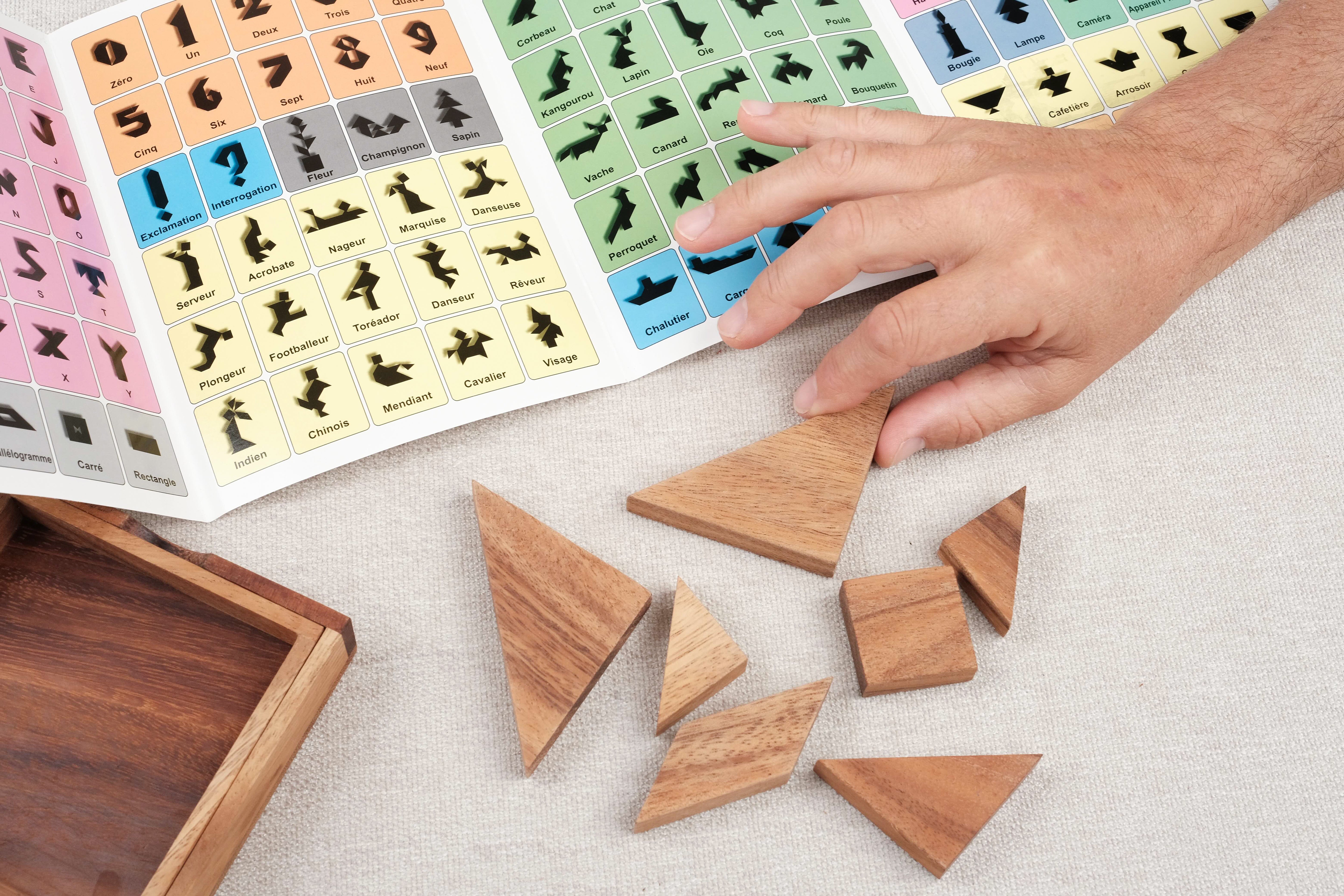 Pièces du tangram en bois disposées à côté du livret avec main – Tangram et son Livret Jeux Faugère