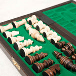 Coffret d’échecs magnétique compact marron avec rangement feutrine