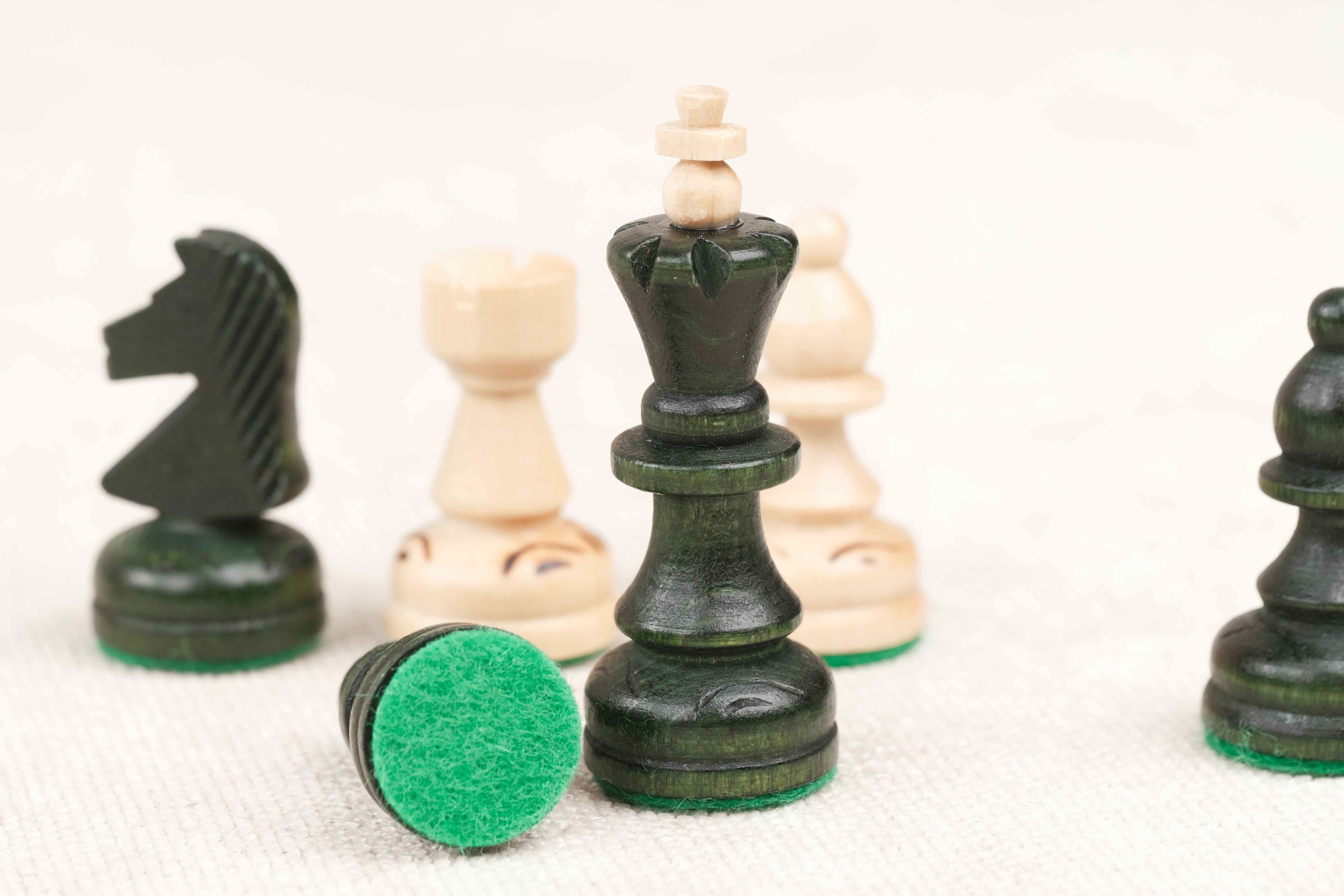 Pièces d’échecs vertes et naturelles avec feutrine de protection