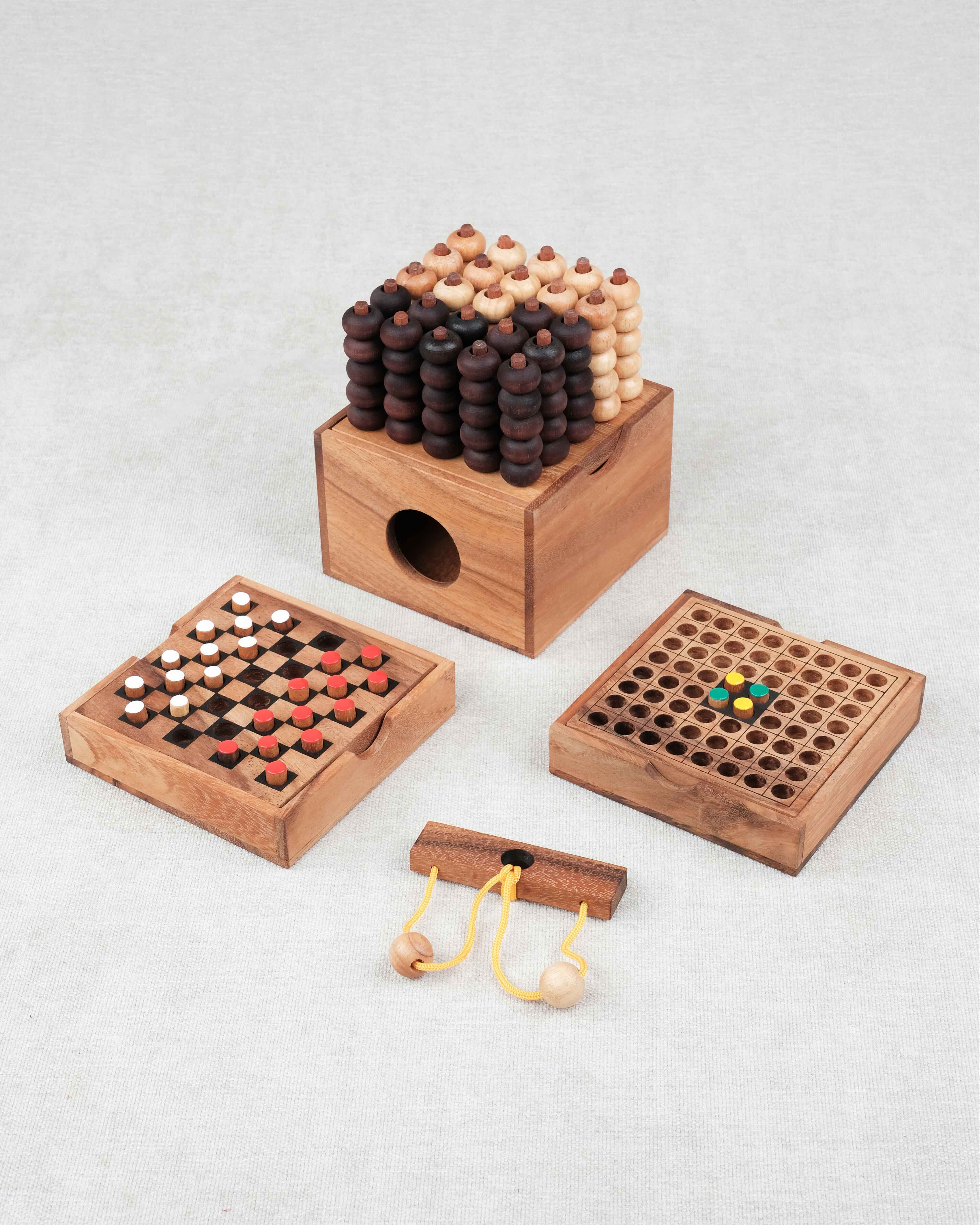 Pack Malin jeux stratégiques en bois – Othello, Échecs de voyage, Puissance 5 3D et mini casse-tête