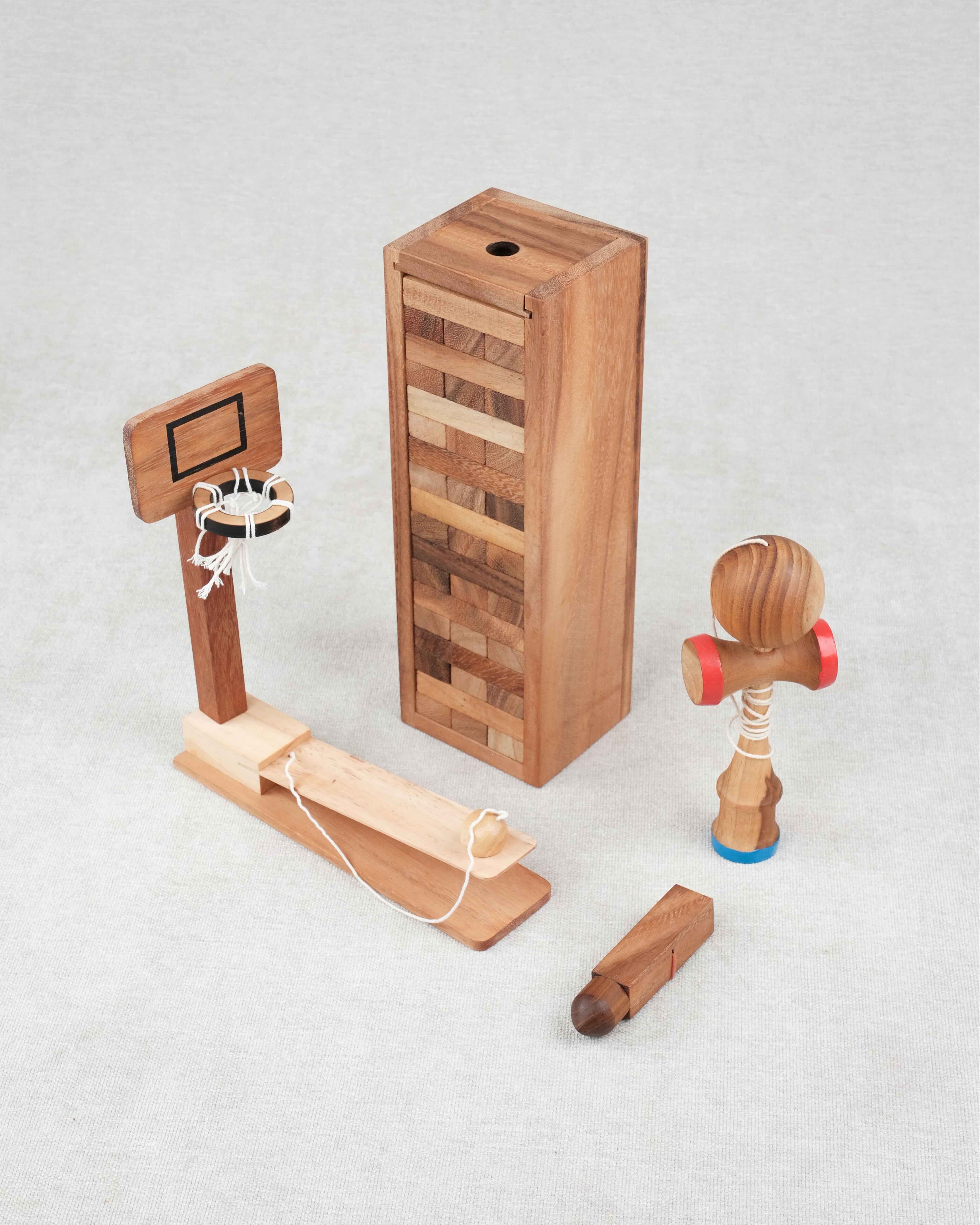 Pack Malin Jeux d’adresse #1 – Coffret complet avec Basket, Jenga L, Kendama et mini casse-tête