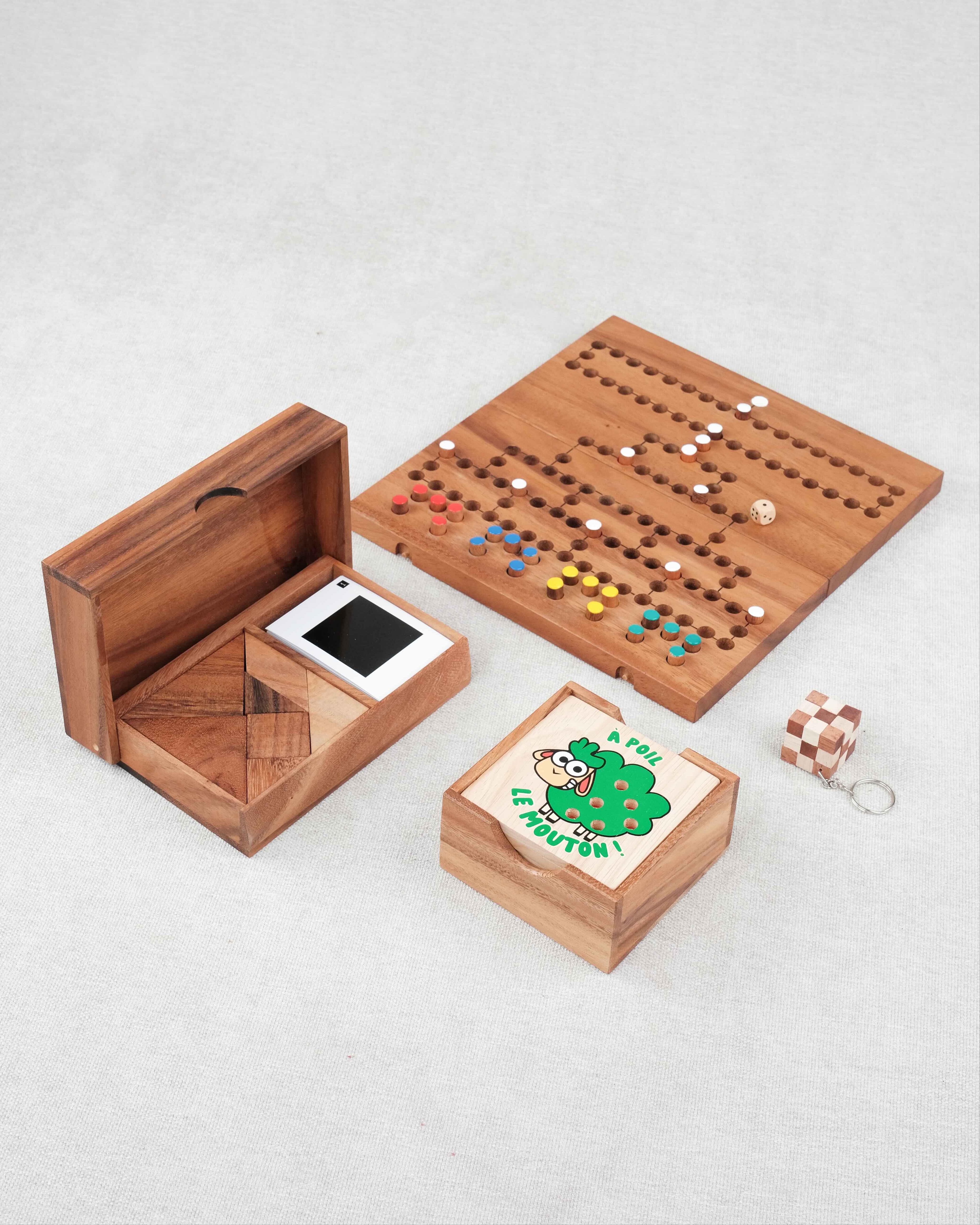 Pack Malin jeux famille en bois – Double Tangram, Barricade, À poil le mouton et mini casse-tête offert