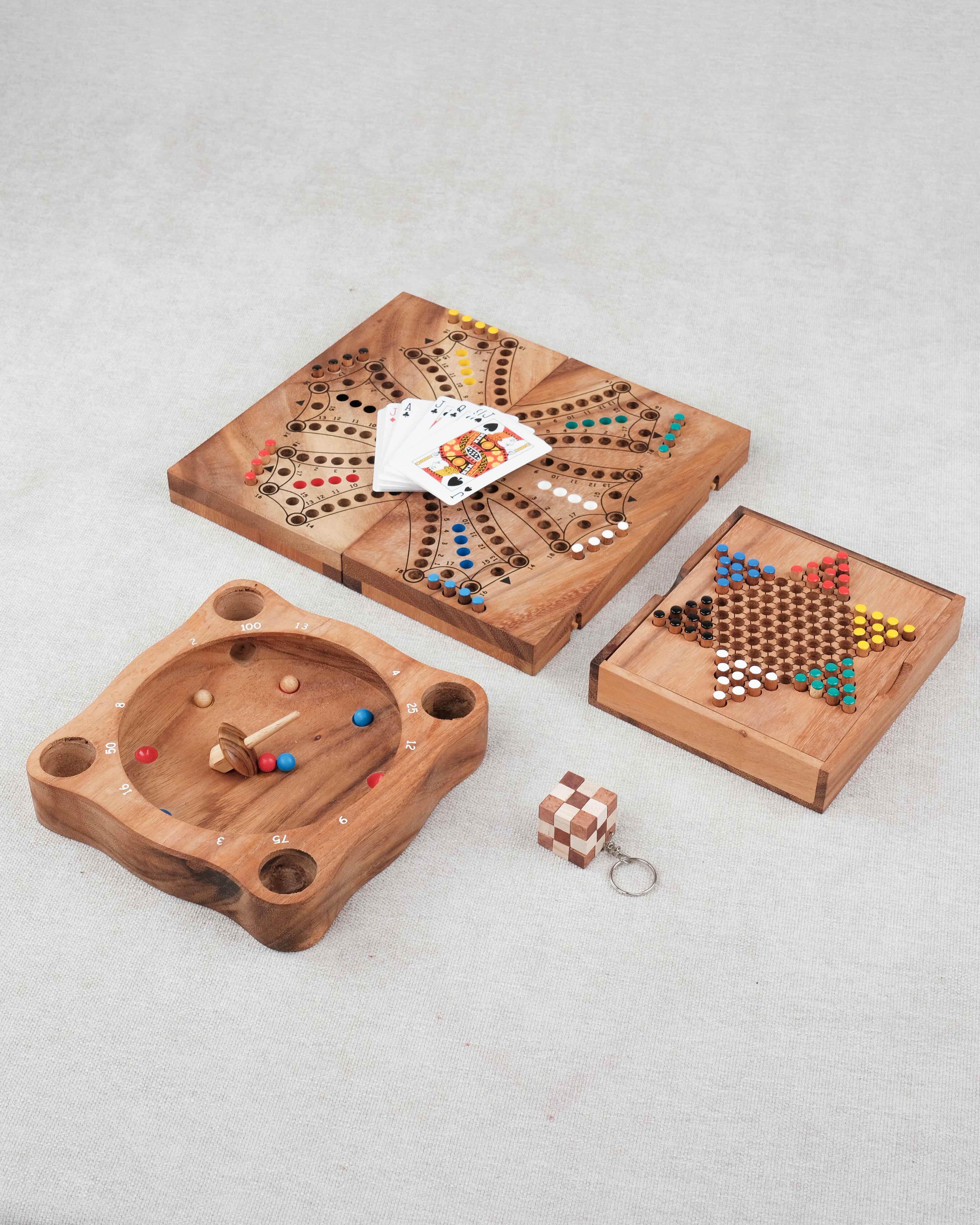 Pack Malin Jeux Famille en bois #3 – TOCK, Dames chinoises, Giroulette et mini casse-tête