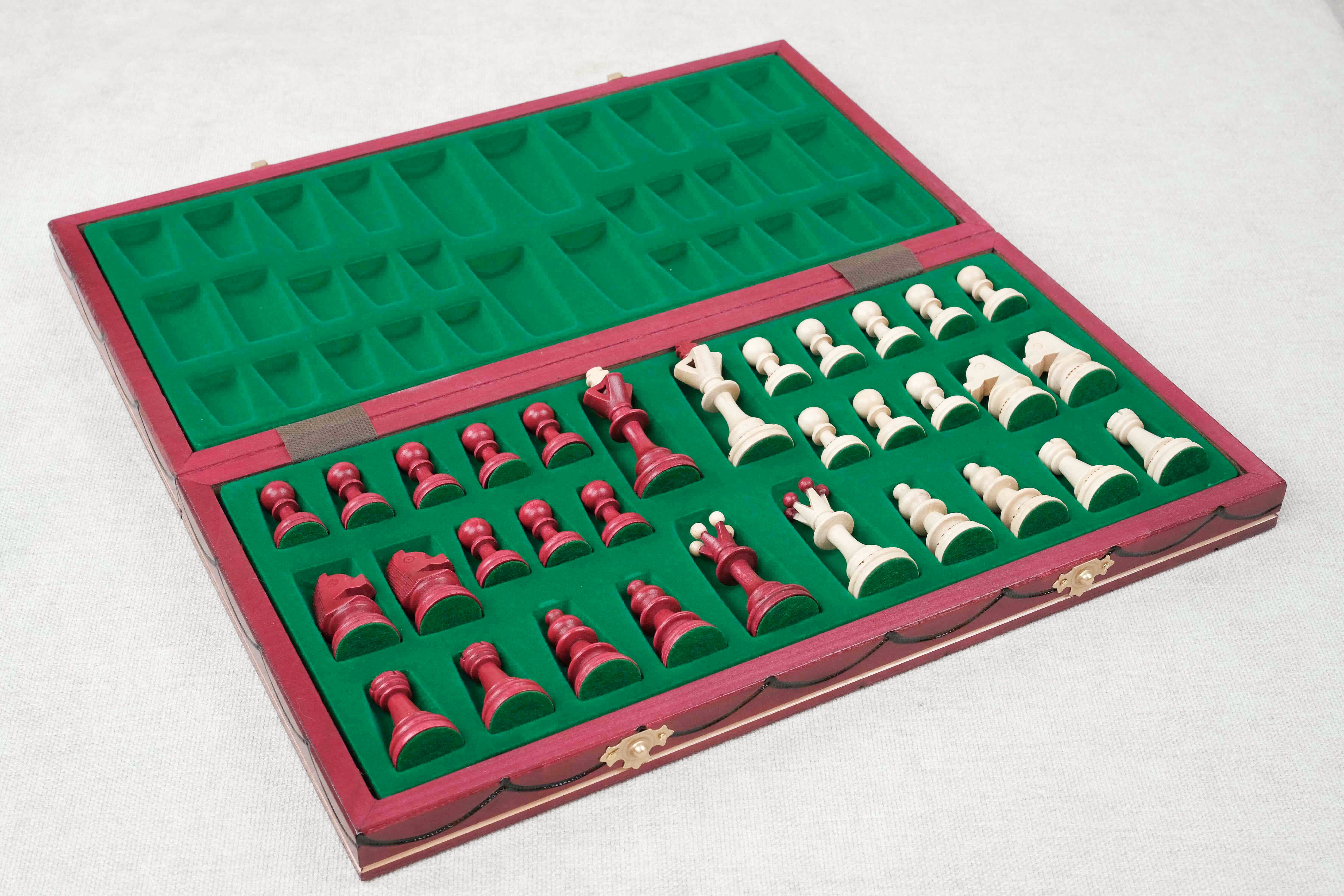 Jeu d’échecs rouge grand format L en bois, intérieur feutrine et compartiments