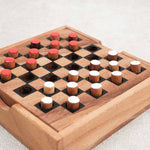 Plateau de dames en bois format voyage, pions rouges et blancs