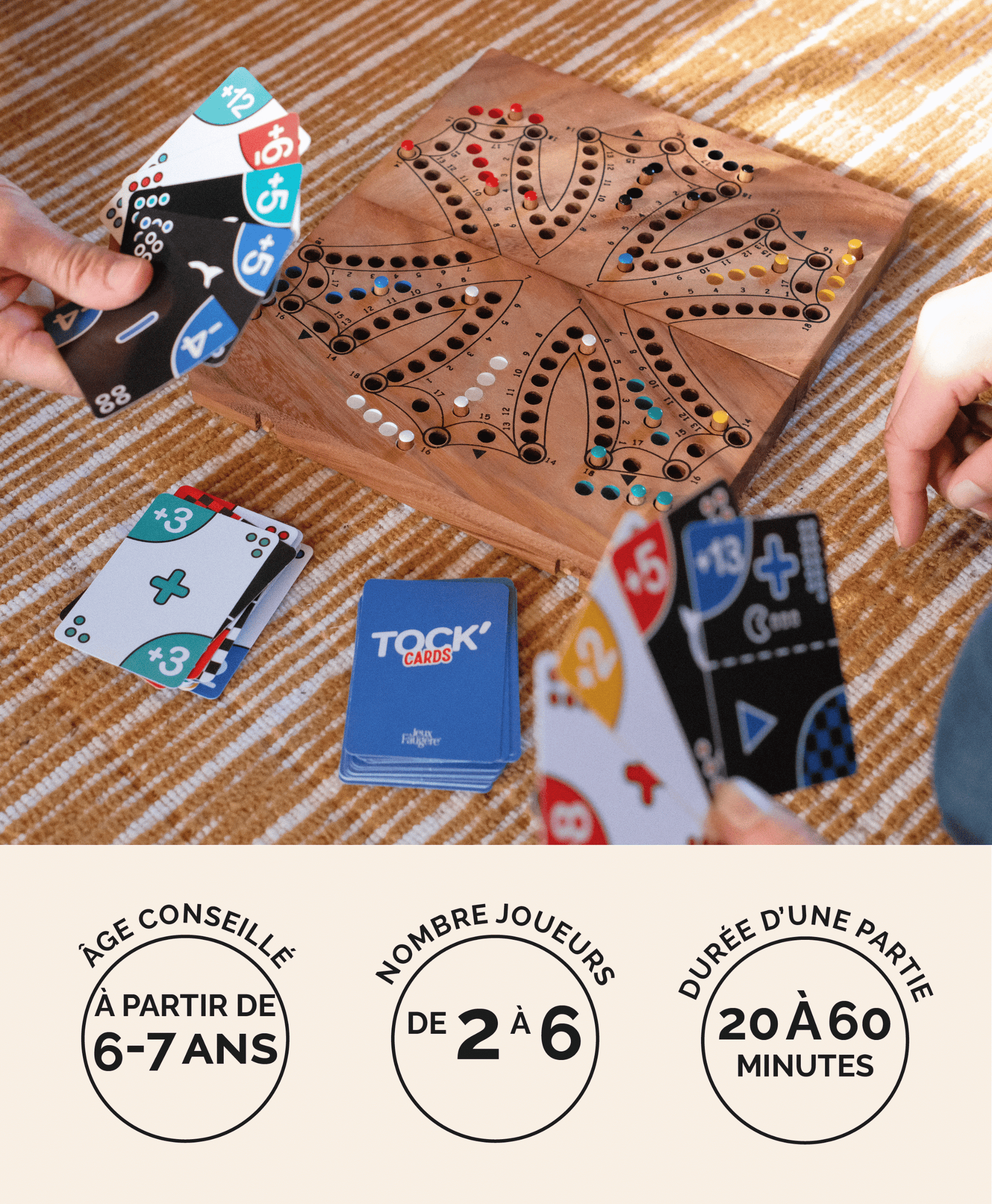 Jeu de Tock 6 joueurs format L acacia foncé avec Tock'CARDS en bois Jeux Faugère – idée cadeau, jeu stratégique familial 2 à 6 joueurs dès 6 ans