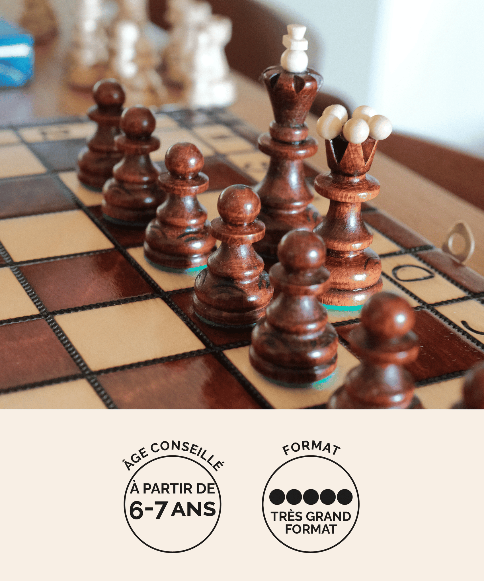 Jeu d'échecs (échiquier) en bois marron clair format XL Jeux Faugère – jeu 2 joueurs dès 6 ans