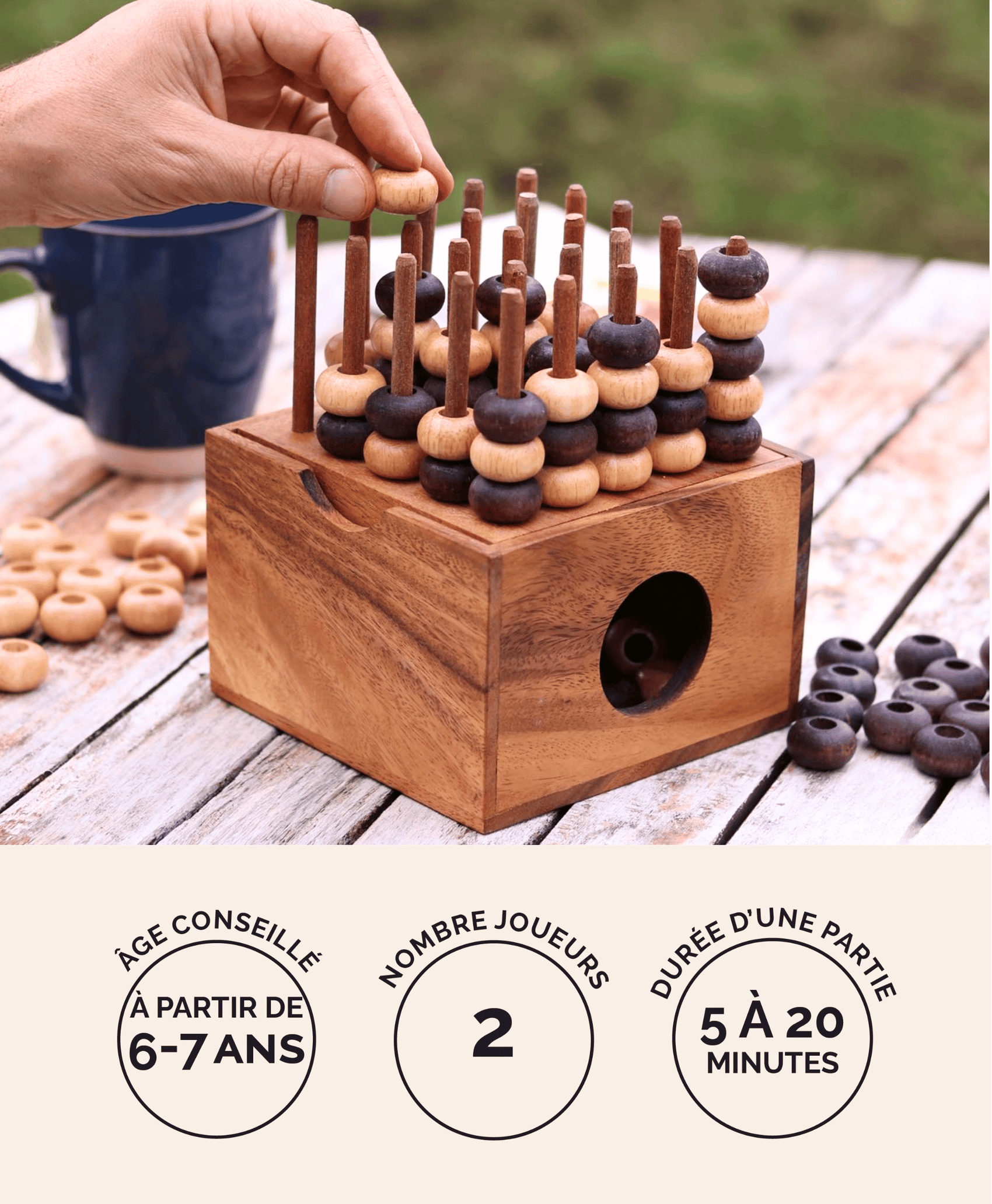 Puissance 5 3D en bois Jeux Faugère – jeu de stratégie type Puissance 4, 2 joueurs dès 6 ans
