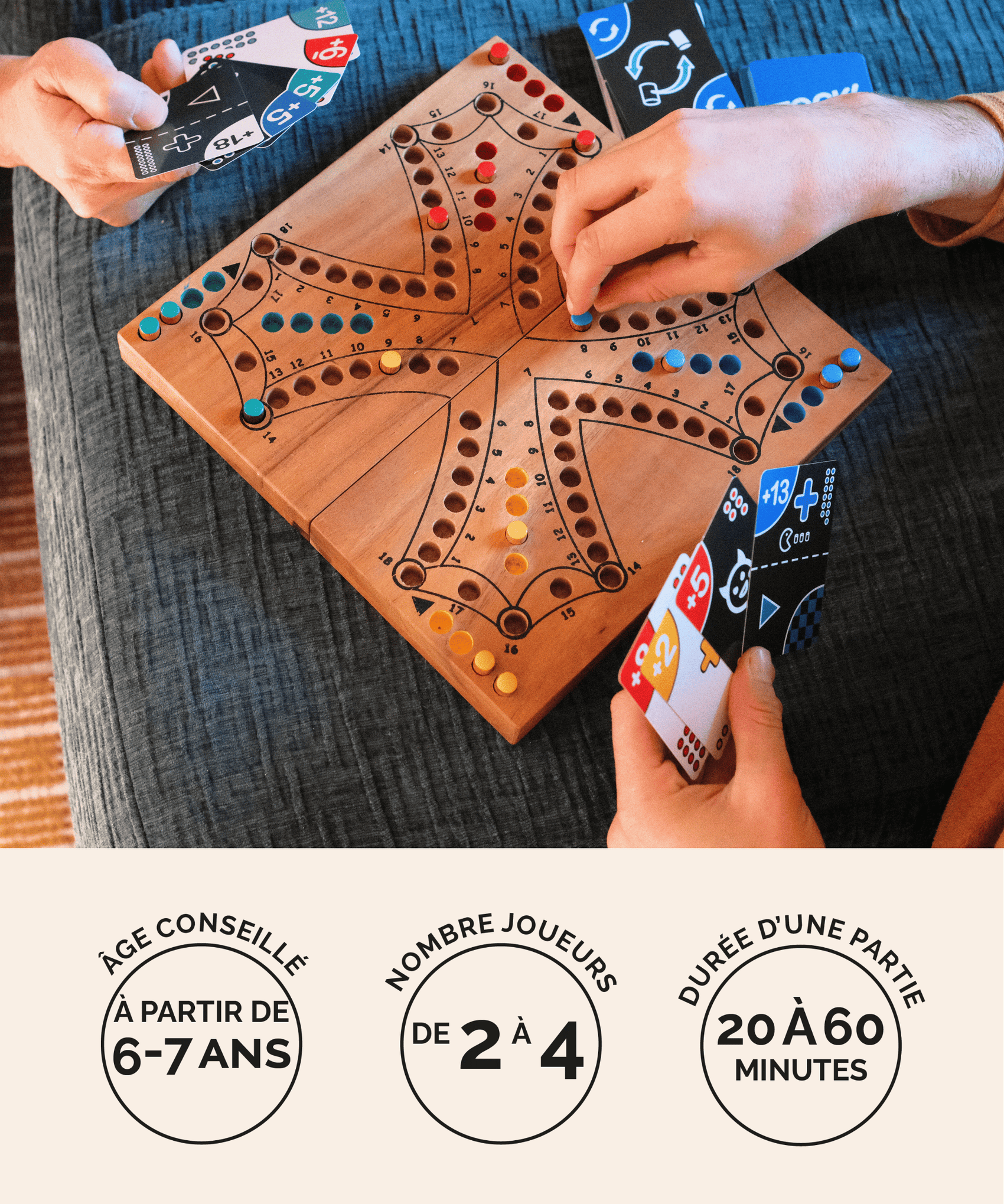Jeu de Tock 4 joueurs format L acacia foncé avec Tock'CARDS en bois Jeux Faugère – idée cadeau, jeu stratégique familial 2 à 4 joueurs dès 6 ans