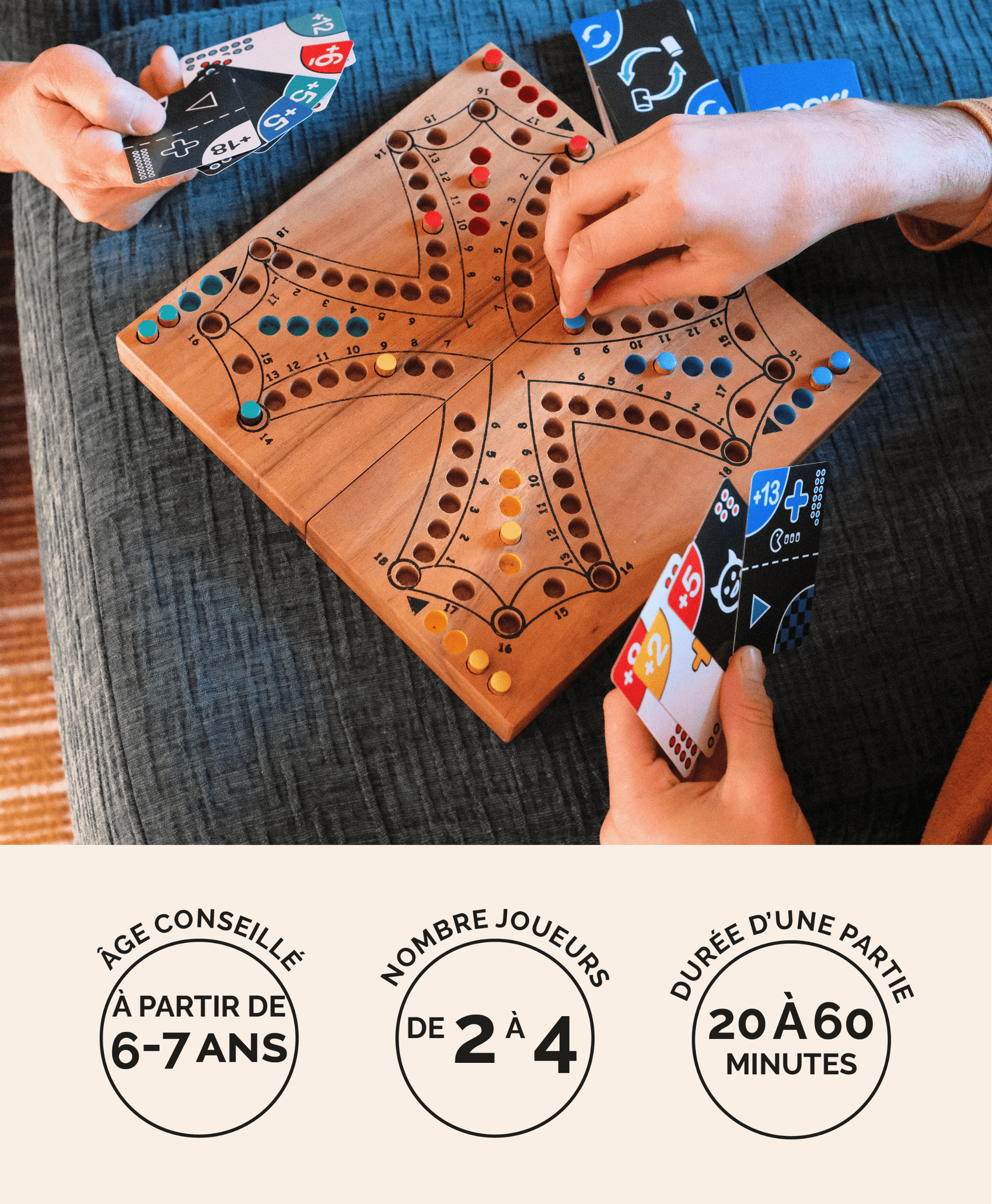 Jeu de Tock 4 joueurs format L acacia foncé avec Tock'CARDS en bois Jeux Faugère – idée cadeau, jeu stratégique familial 2 à 4 joueurs dès 6 ans
