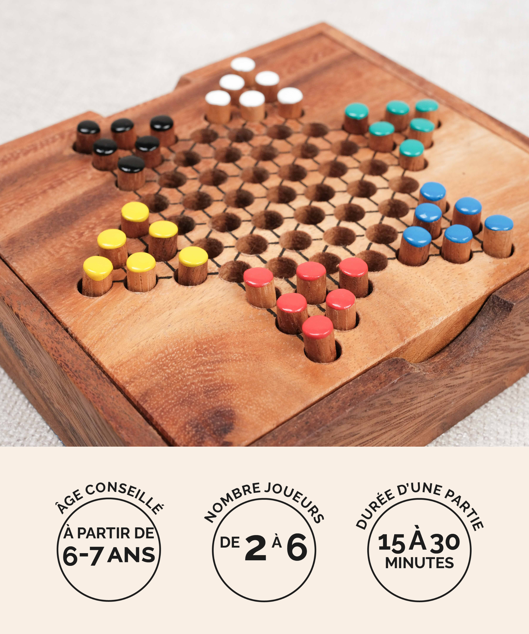 Dames Chinoises en bois format M Jeux Faugère – jeu de stratégie 2 à 6 joueurs dès 6 ans