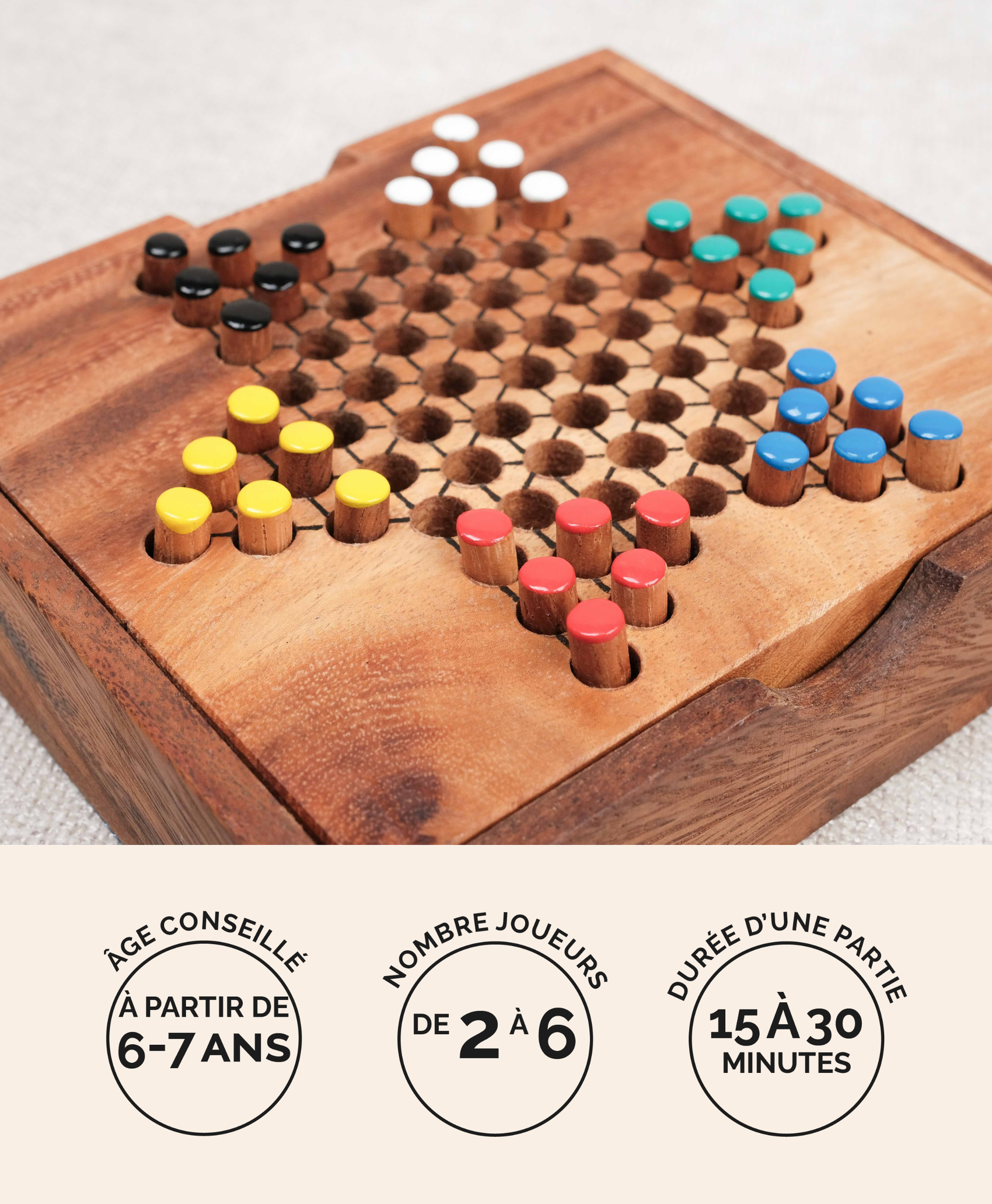 Dames Chinoises en bois format M Jeux Faugère – jeu de stratégie 2 à 6 joueurs dès 6 ans
