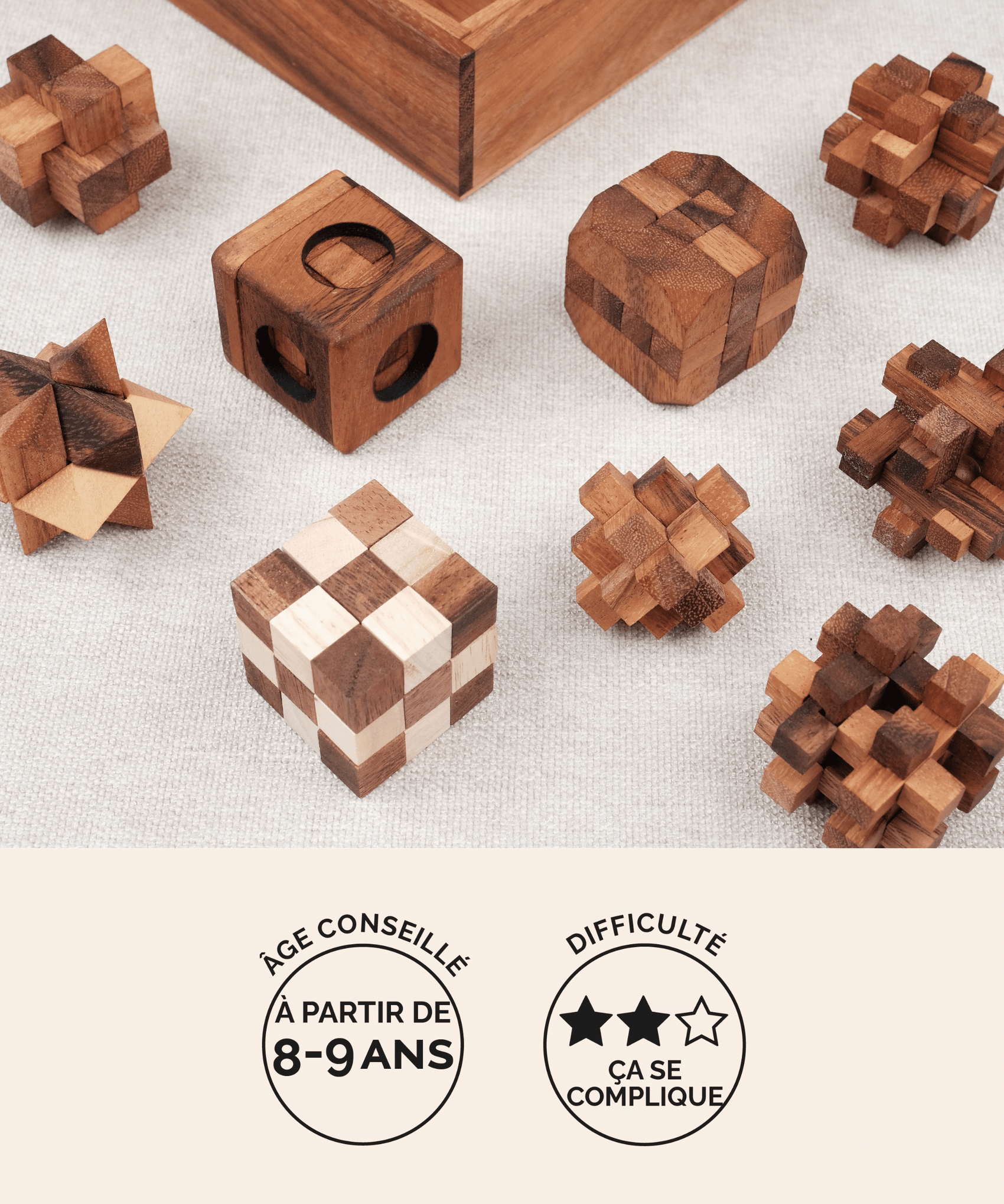 Coffret 9 casse-têtes en bois Jeux Faugère – idée cadeau, niveaux de difficulté progressifs dès 8 ans