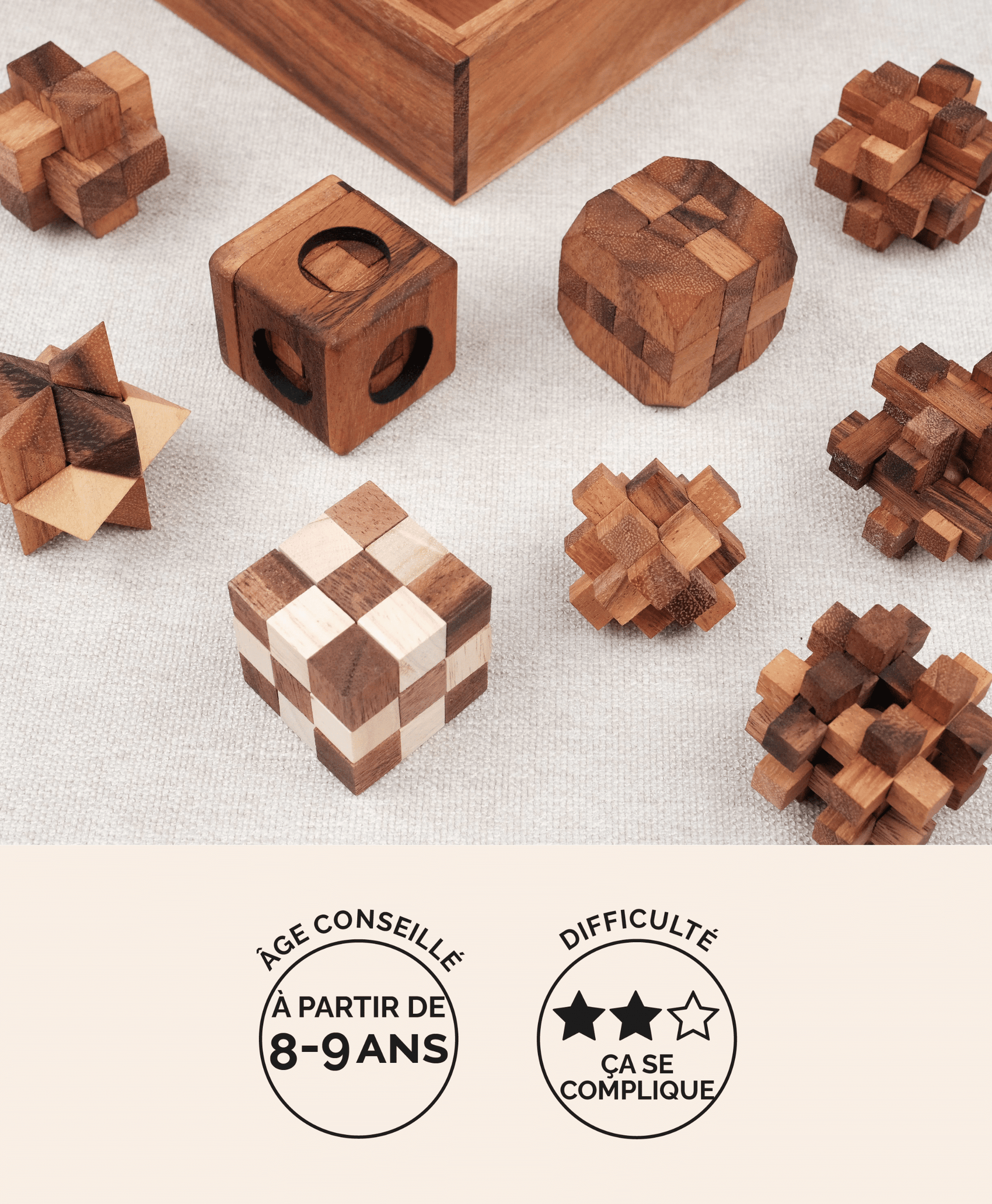 Coffret 9 casse-têtes en bois Jeux Faugère – idée cadeau, niveaux de difficulté progressifs dès 8 ans