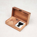 Coffret en bois ouvert avec deux tangrams et cartes défis – Double Tangram Jeux Faugère