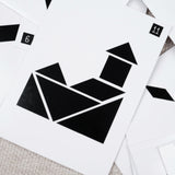 Solutions des cartes défis illustrées avec silhouettes géométriques en noir – Double Tangram Jeux Faugère
