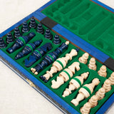 Coffret pliable d’échecs bleu en bois avec rangement individuel avec feutrine