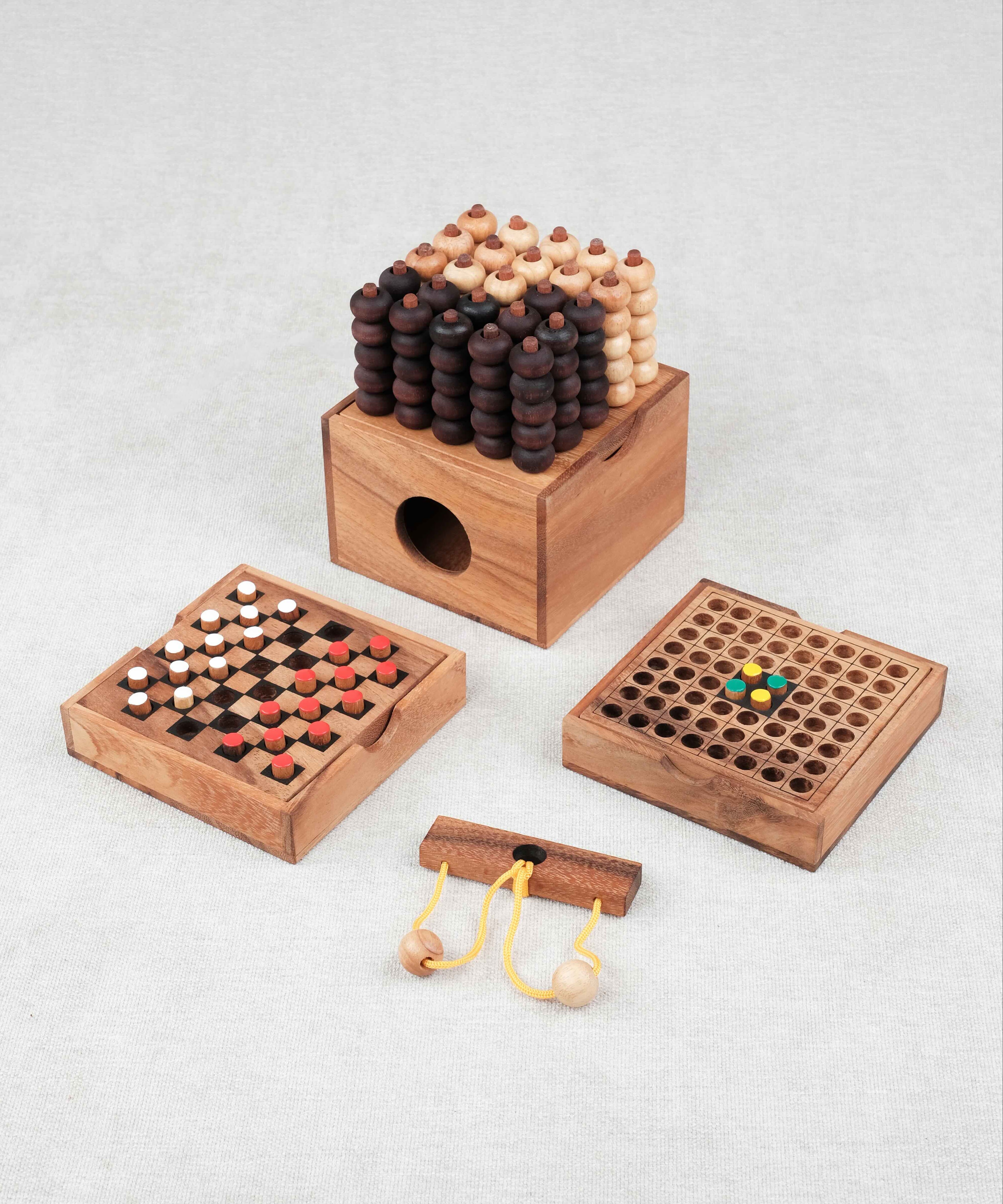 Pack Malin jeux stratégiques en bois – Othello, Échecs de voyage, Puissance 5 3D et mini casse-tête