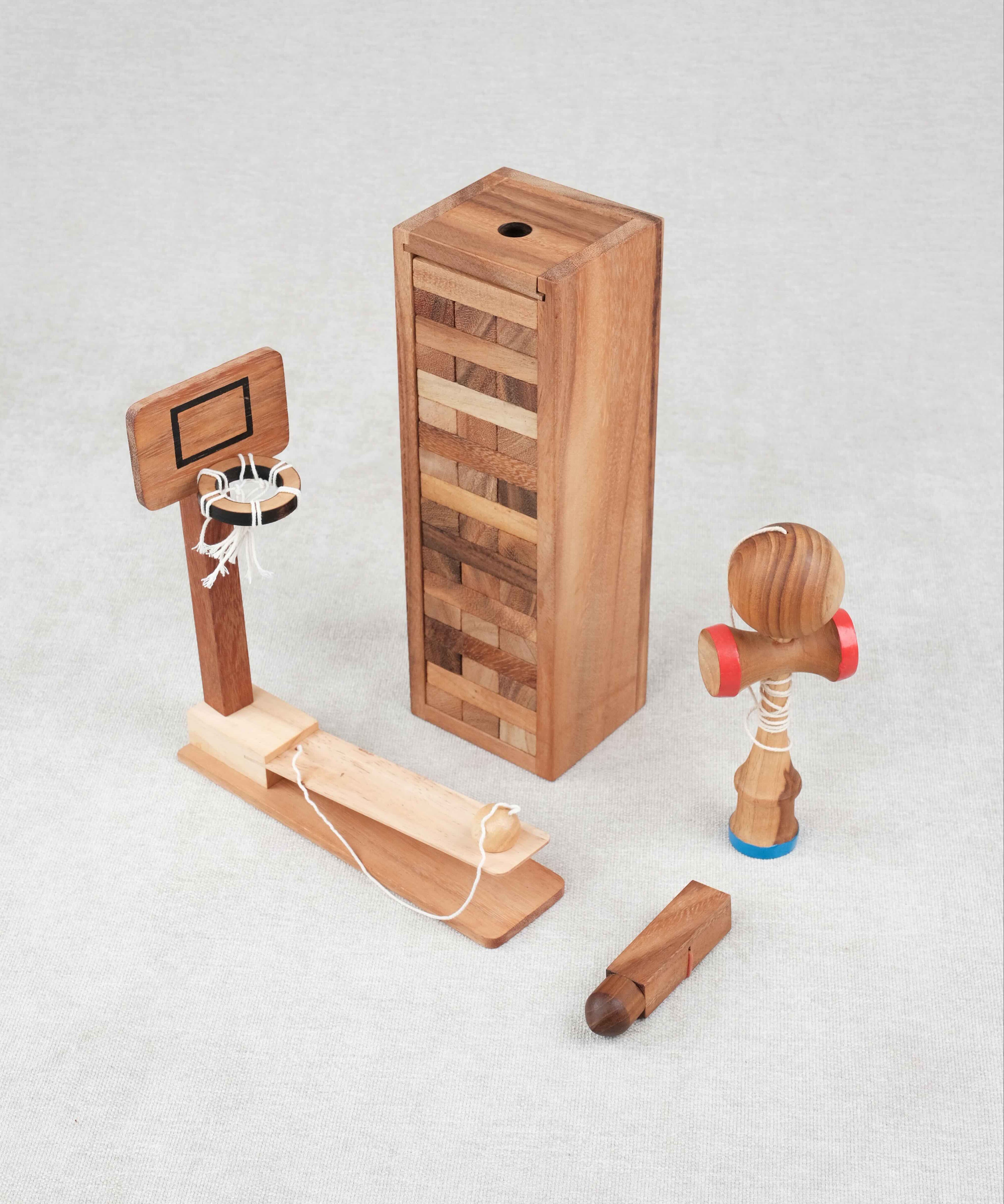 Pack Malin Jeux d’adresse #1 – Coffret complet avec Basket, Jenga L, Kendama et mini casse-tête