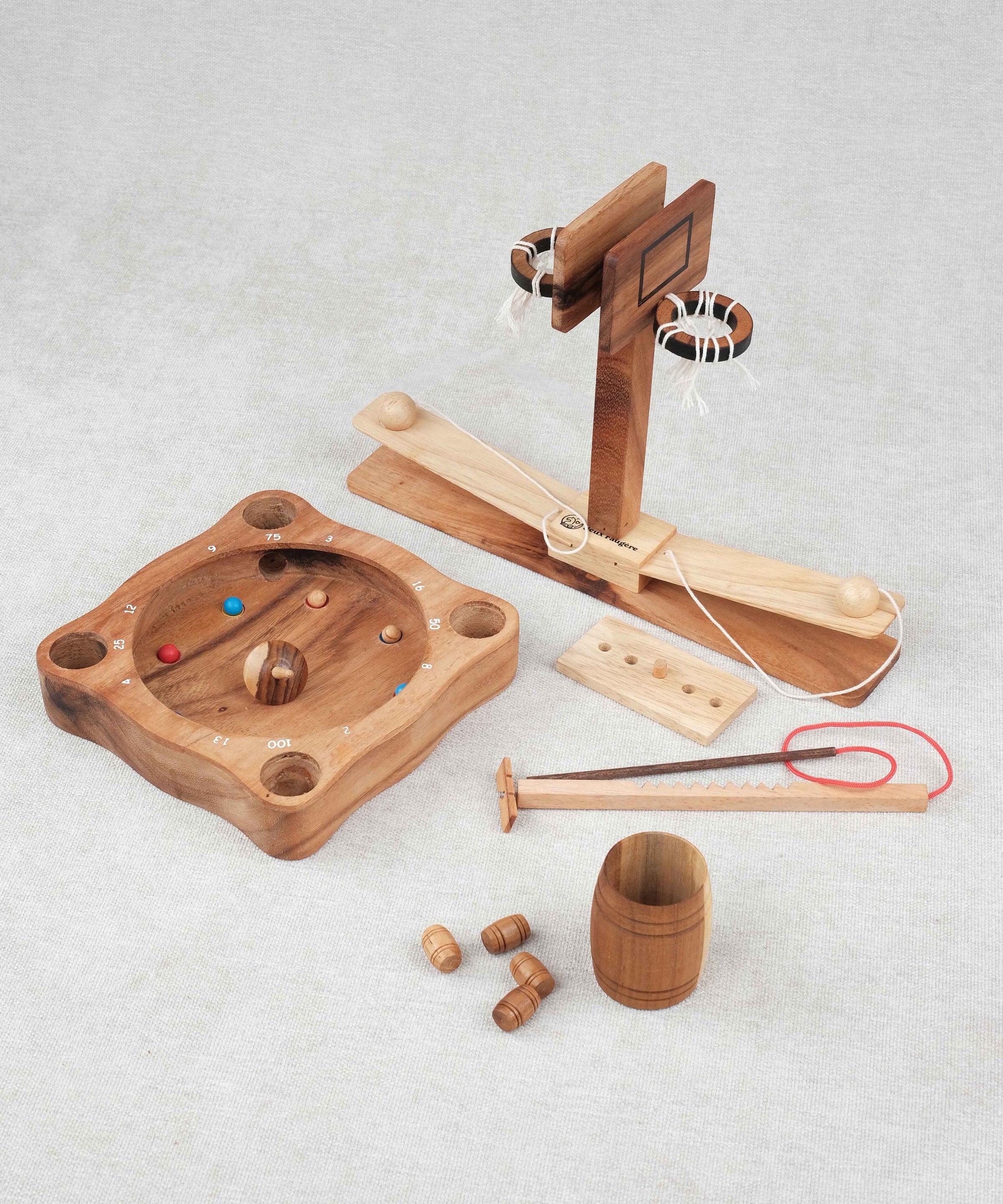 Pack Malin Jeux d'adresse en bois Jeux Faugère – Bozo-Bozo, Tonneau de Bacchus, Le Double Basket et La Giroulette avec mini casse-tête offert