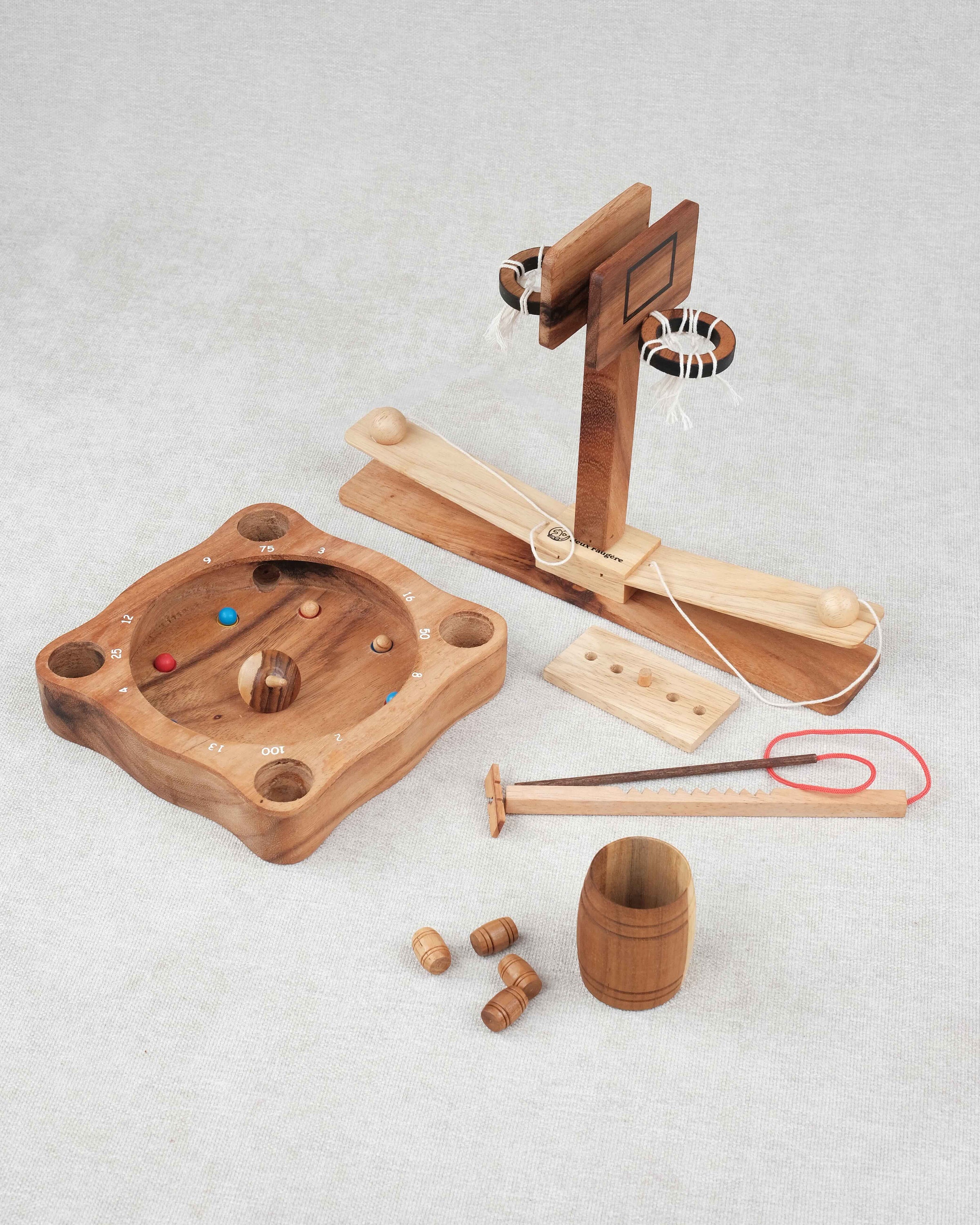 Pack Malin Jeux d'adresse en bois Jeux Faugère – Bozo-Bozo, Tonneau de Bacchus, Le Double Basket et La Giroulette avec mini casse-tête offert