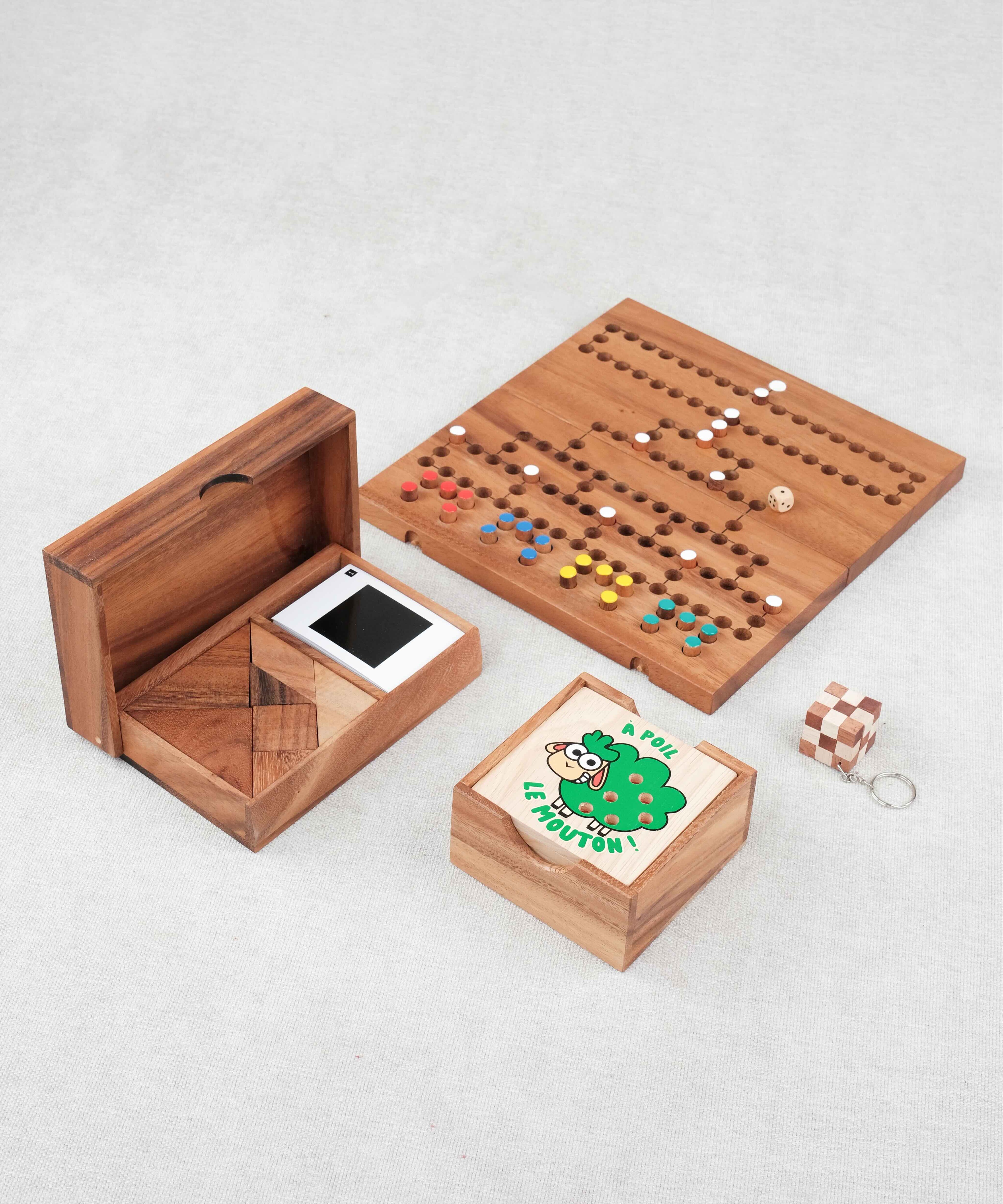 Pack Malin jeux famille en bois – Double Tangram, Barricade, À poil le mouton et mini casse-tête offert