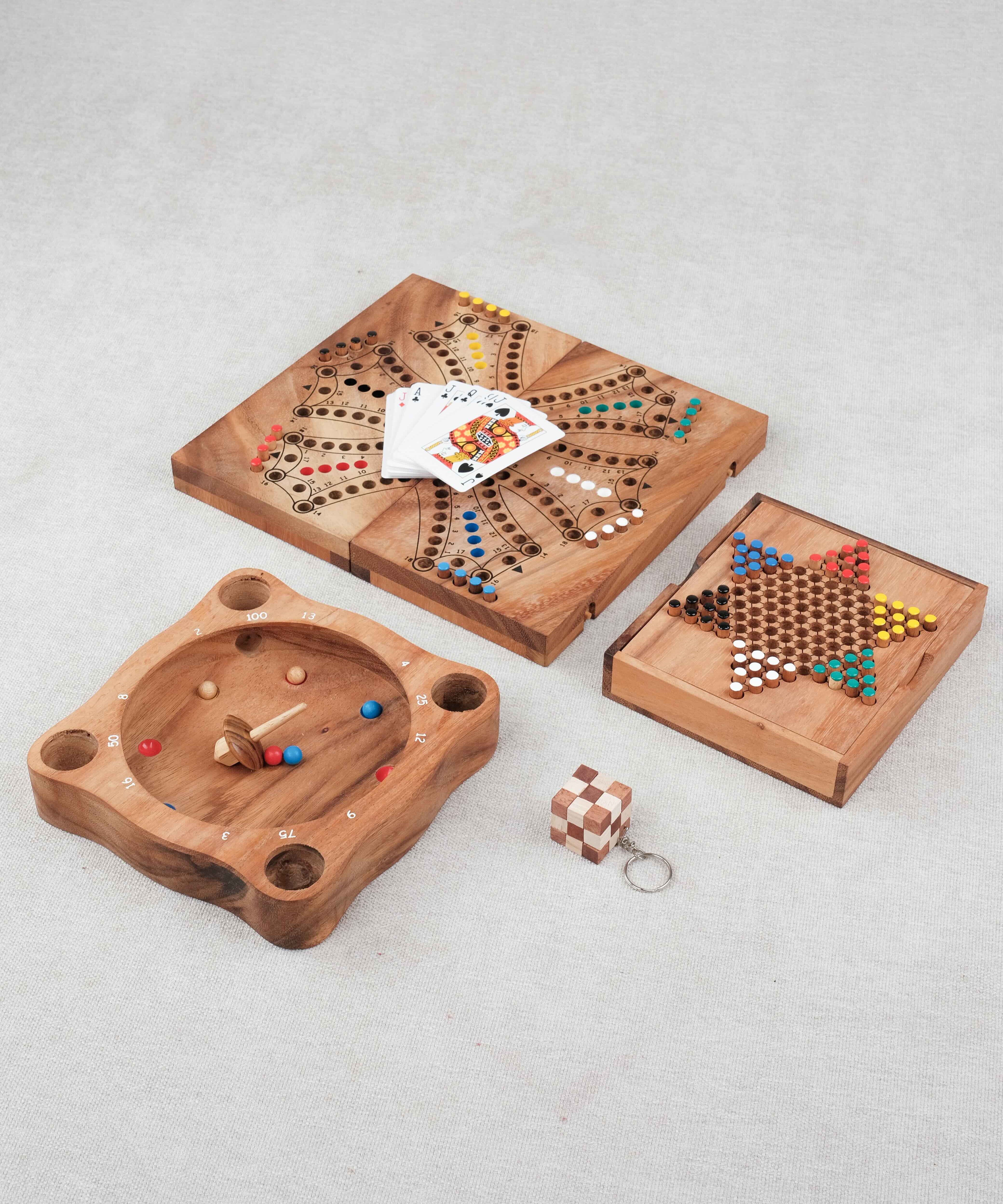 Pack Malin Jeux Famille en bois #3 – TOCK, Dames chinoises, Giroulette et mini casse-tête