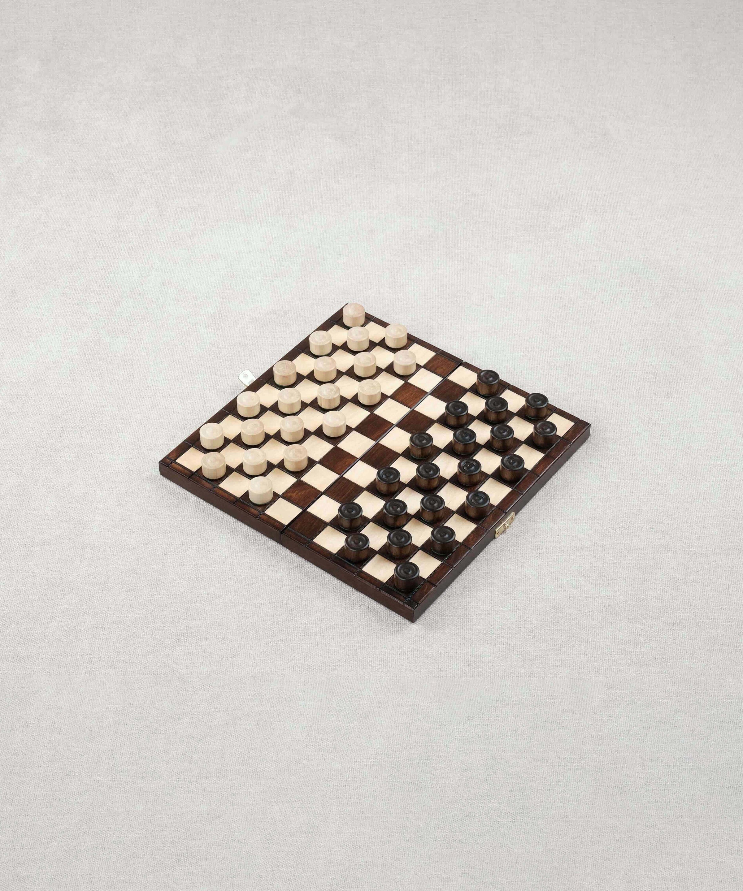 Jeu de dames en bois marron format moyen avec pions en place