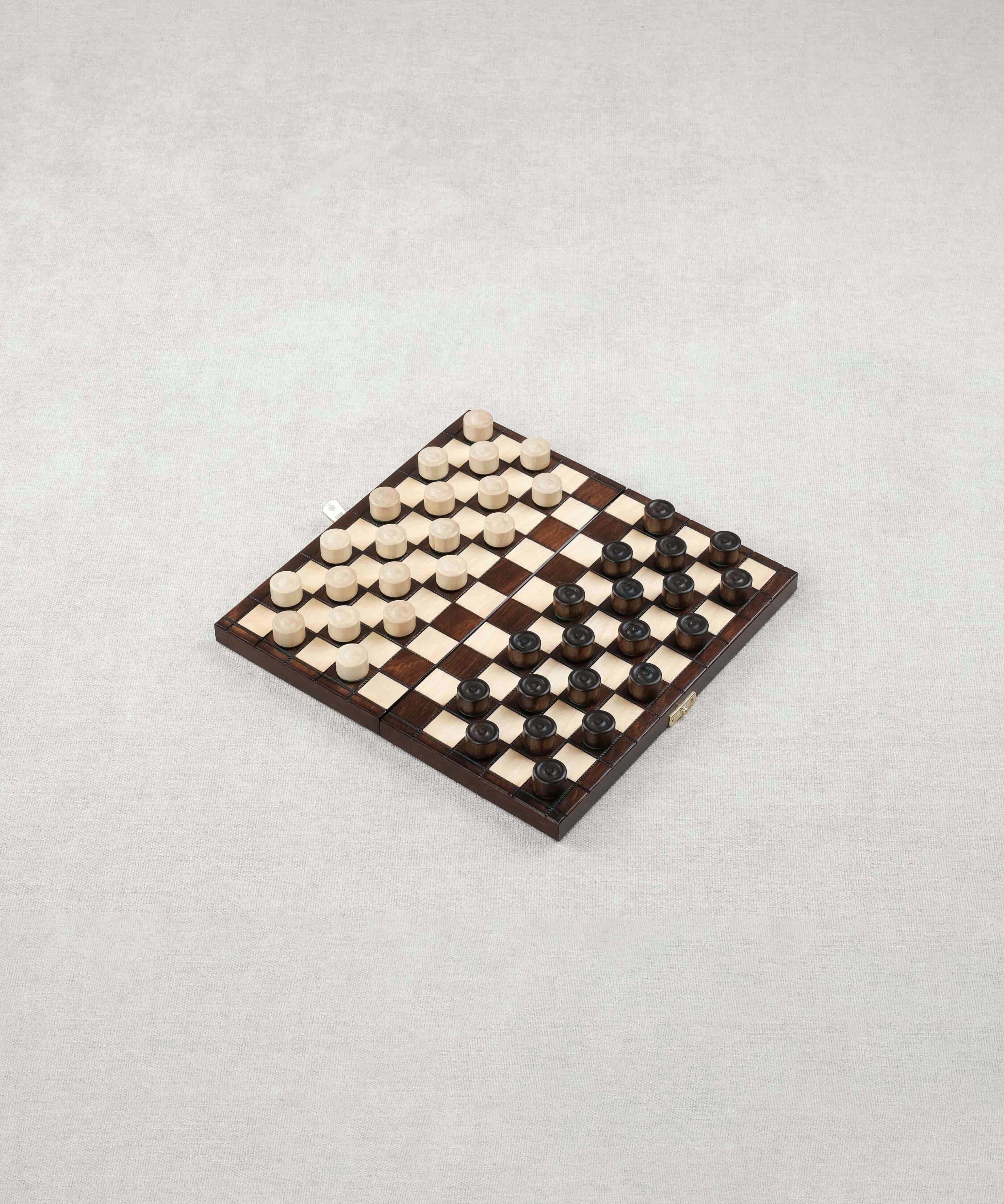 Jeu de dames en bois marron format moyen avec pions en place