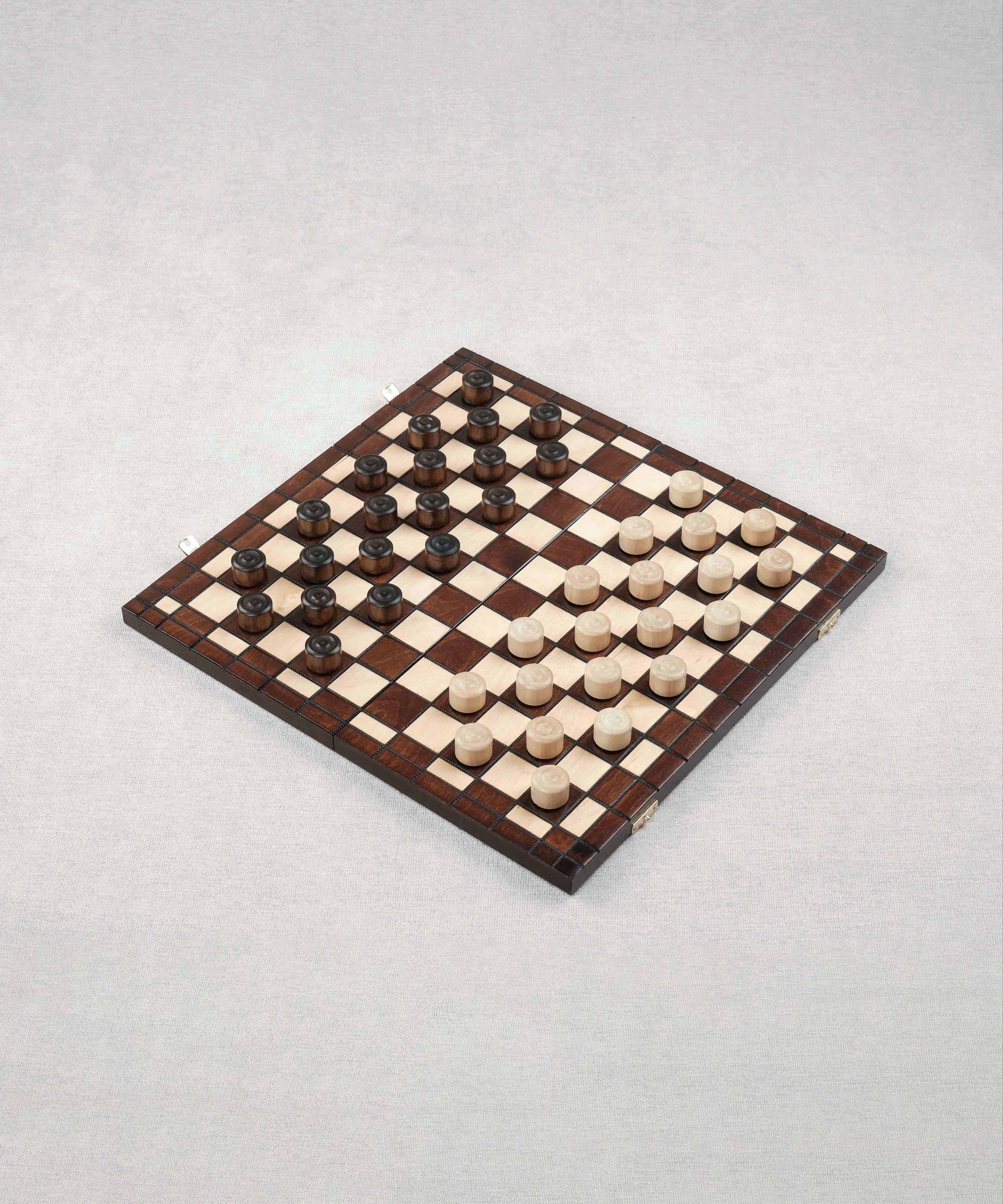 Jeu de dames en bois marron grand format ouvert avec pions installés