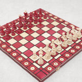 Coffret d’échecs en bois rouge avec rangement individuel et feutrine verte pour les pièces