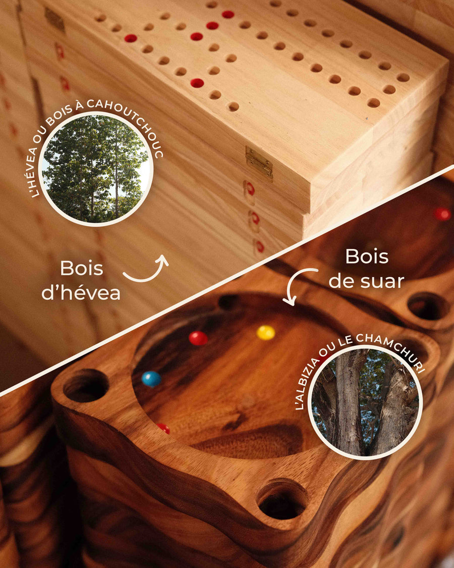 Les deux bois de nos jeux : l'hévéa clair et le suar foncé, un albizia de la famille de l'acacia