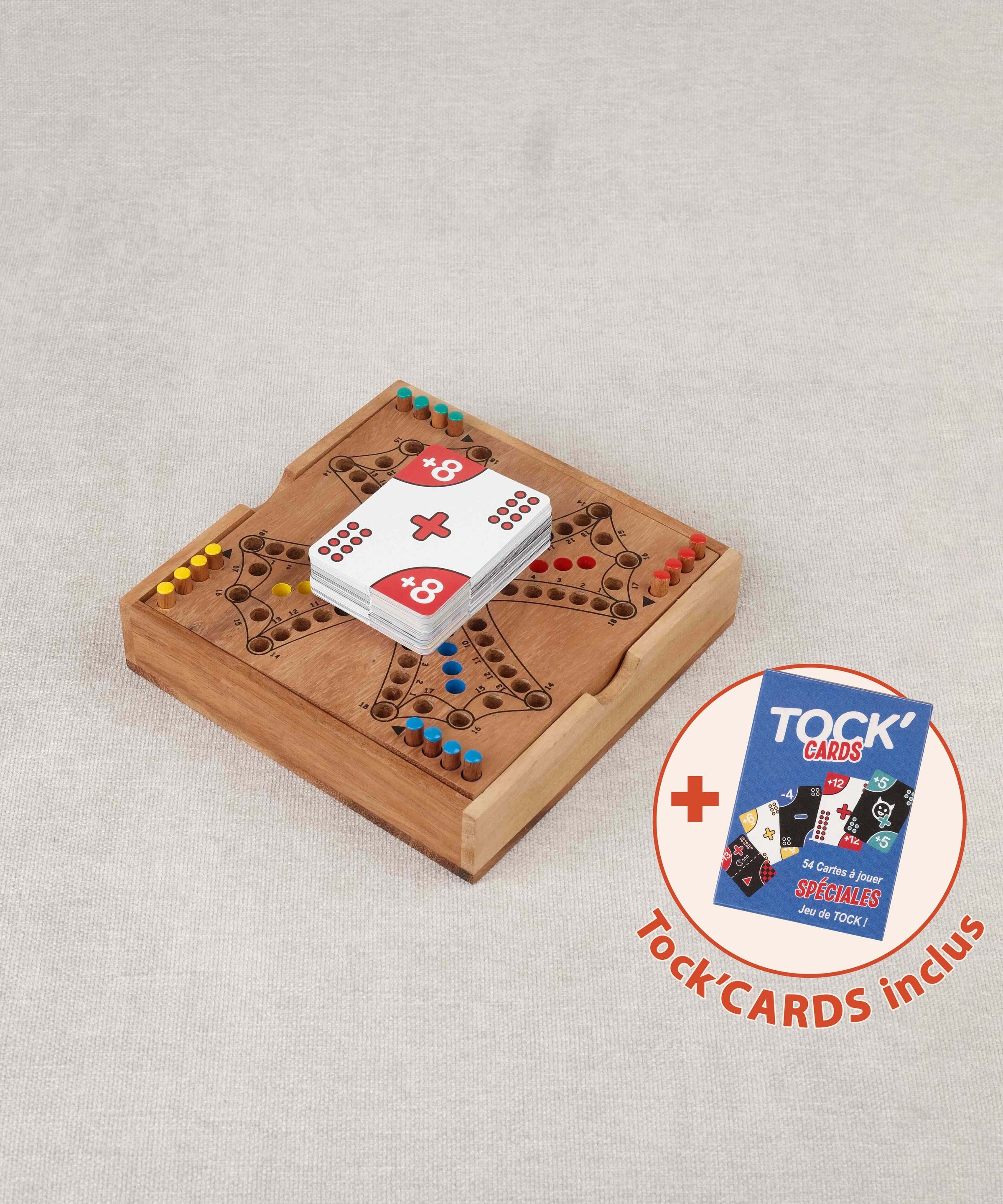 Jeu de Tock 4 joueurs compact en bois – jeu de société de voyage avec cartes Tock’CARDS
