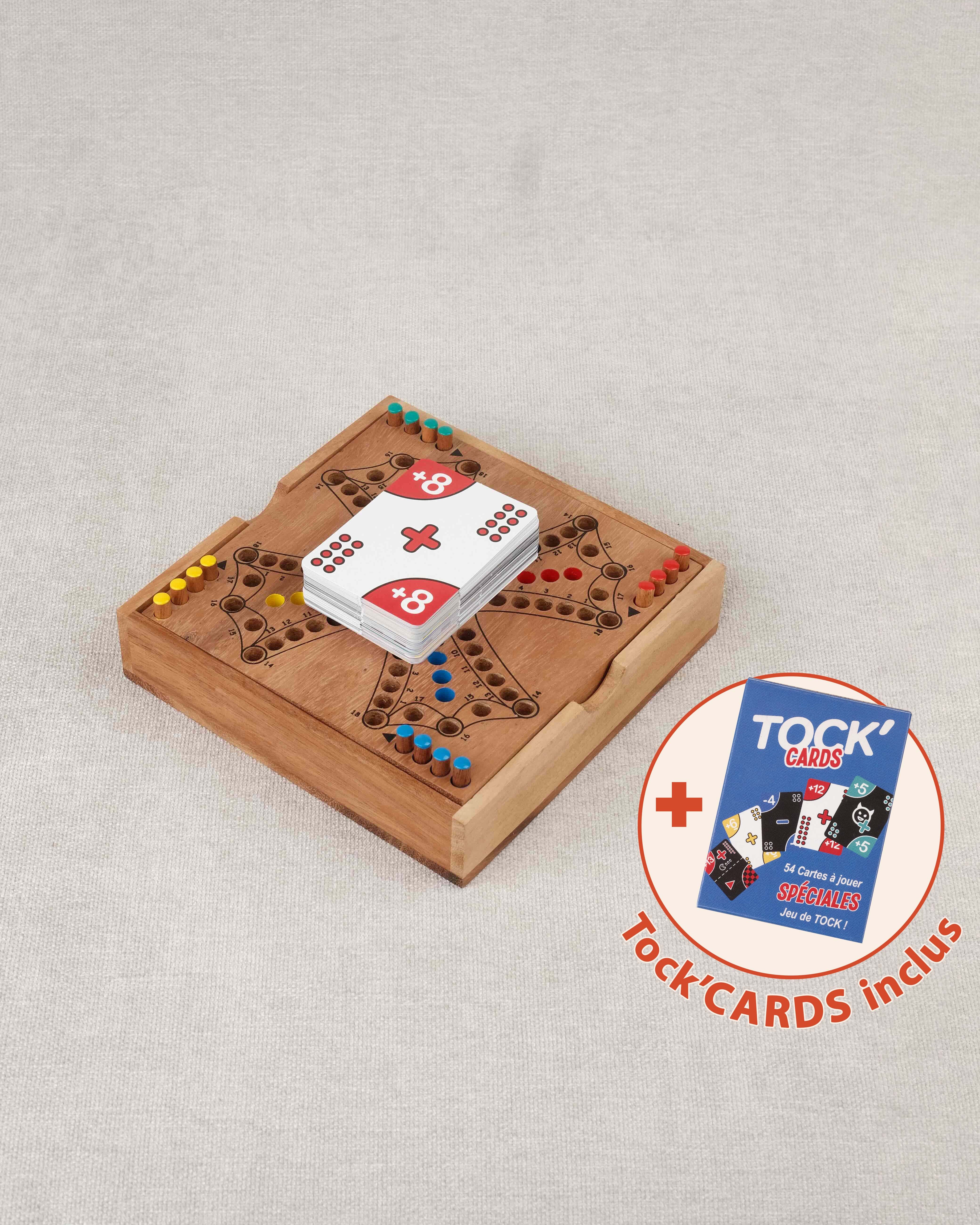 Jeu de Tock 4 joueurs compact en bois – jeu de société de voyage avec cartes Tock’CARDS