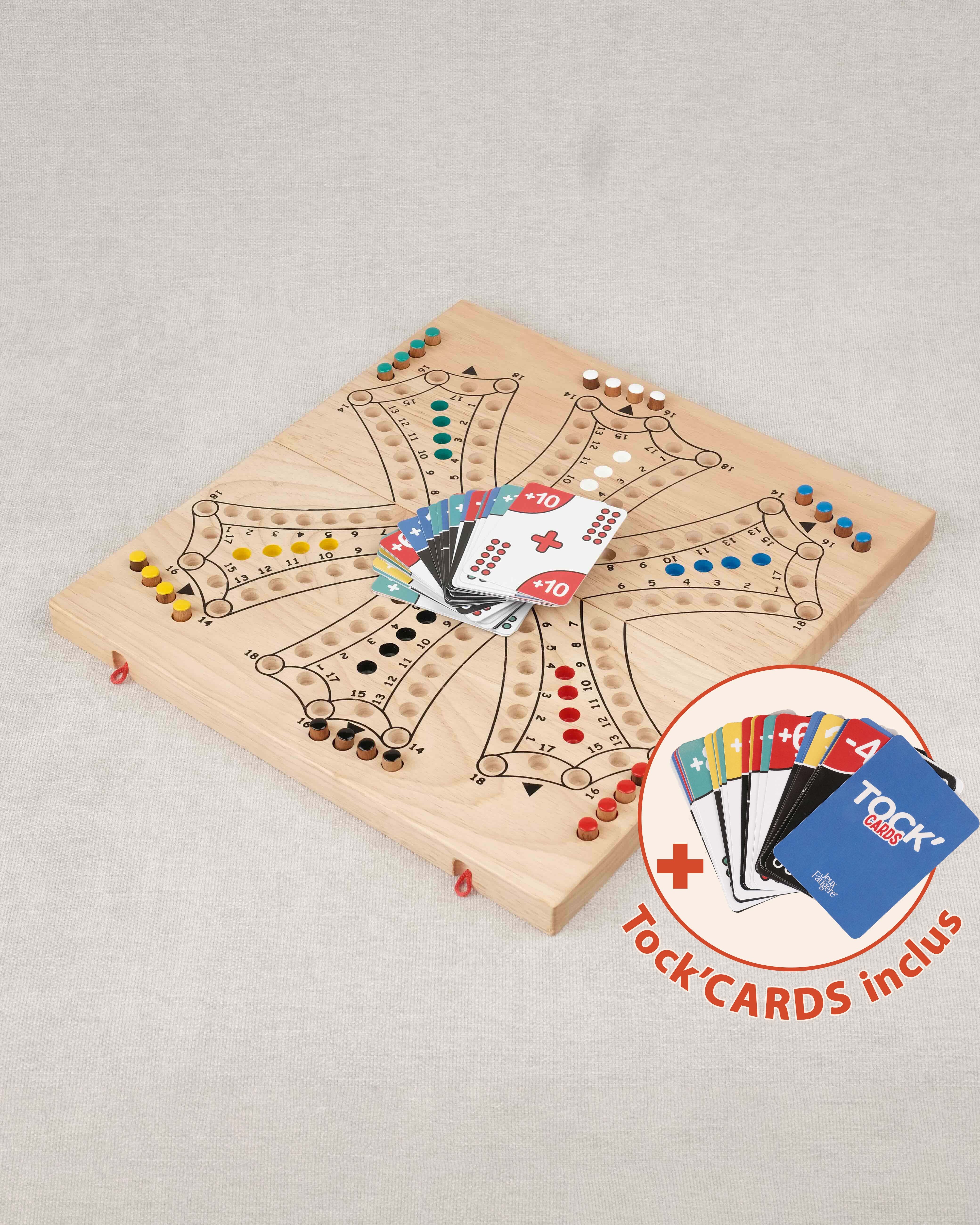 Jeu de Tock 6 joueurs XL en bois clair – plateau grand format avec cartes Tock’CARDS