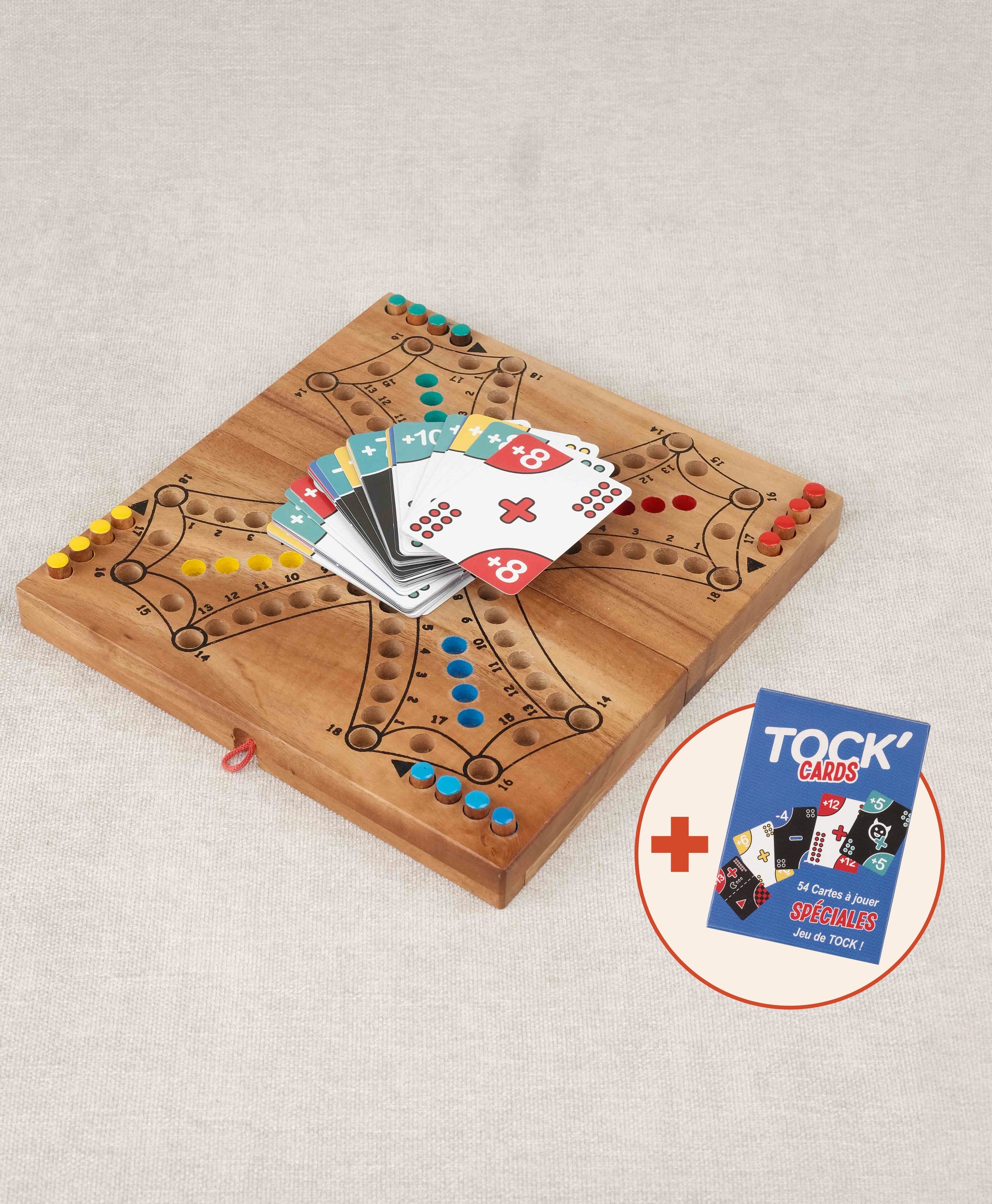Jeu de Tock 4 joueurs en bois – plateau en acacia avec cartes Tock’CARDS