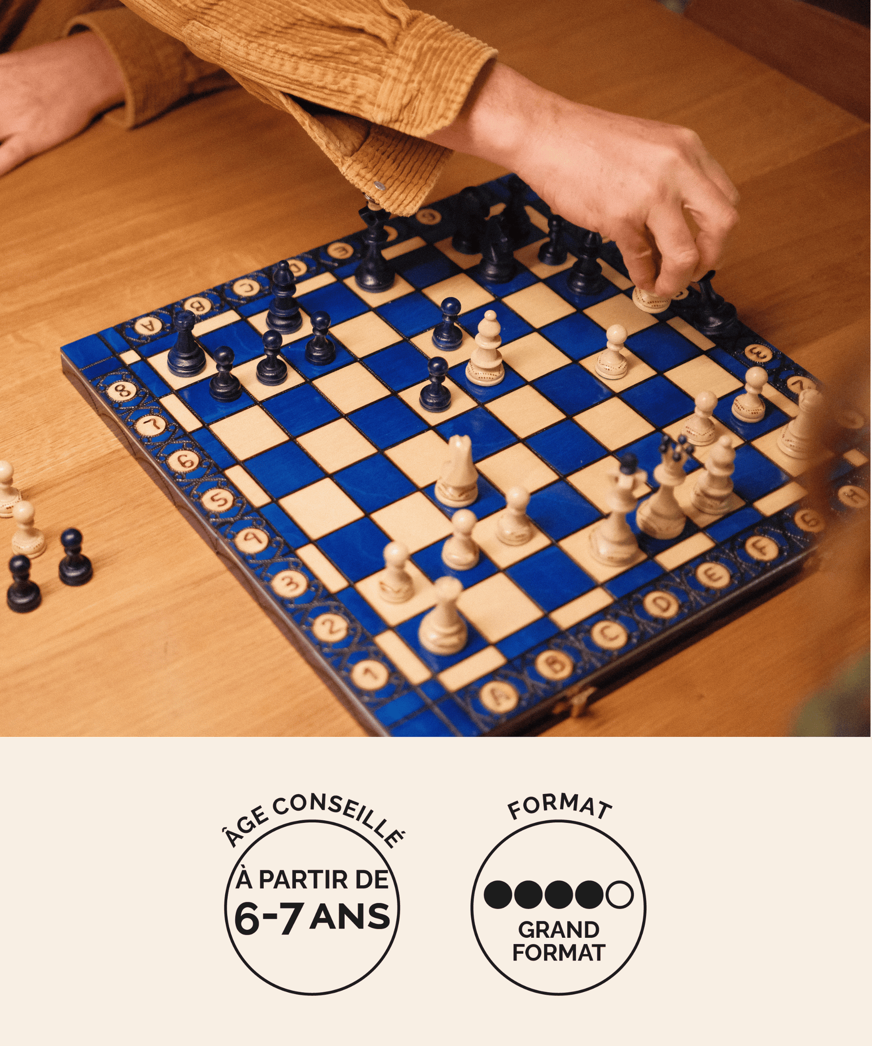 Jeu d'échecs (échiquier) en bois bleu format L Jeux Faugère – idée cadeau, jeu 2 joueurs dès 6 ans