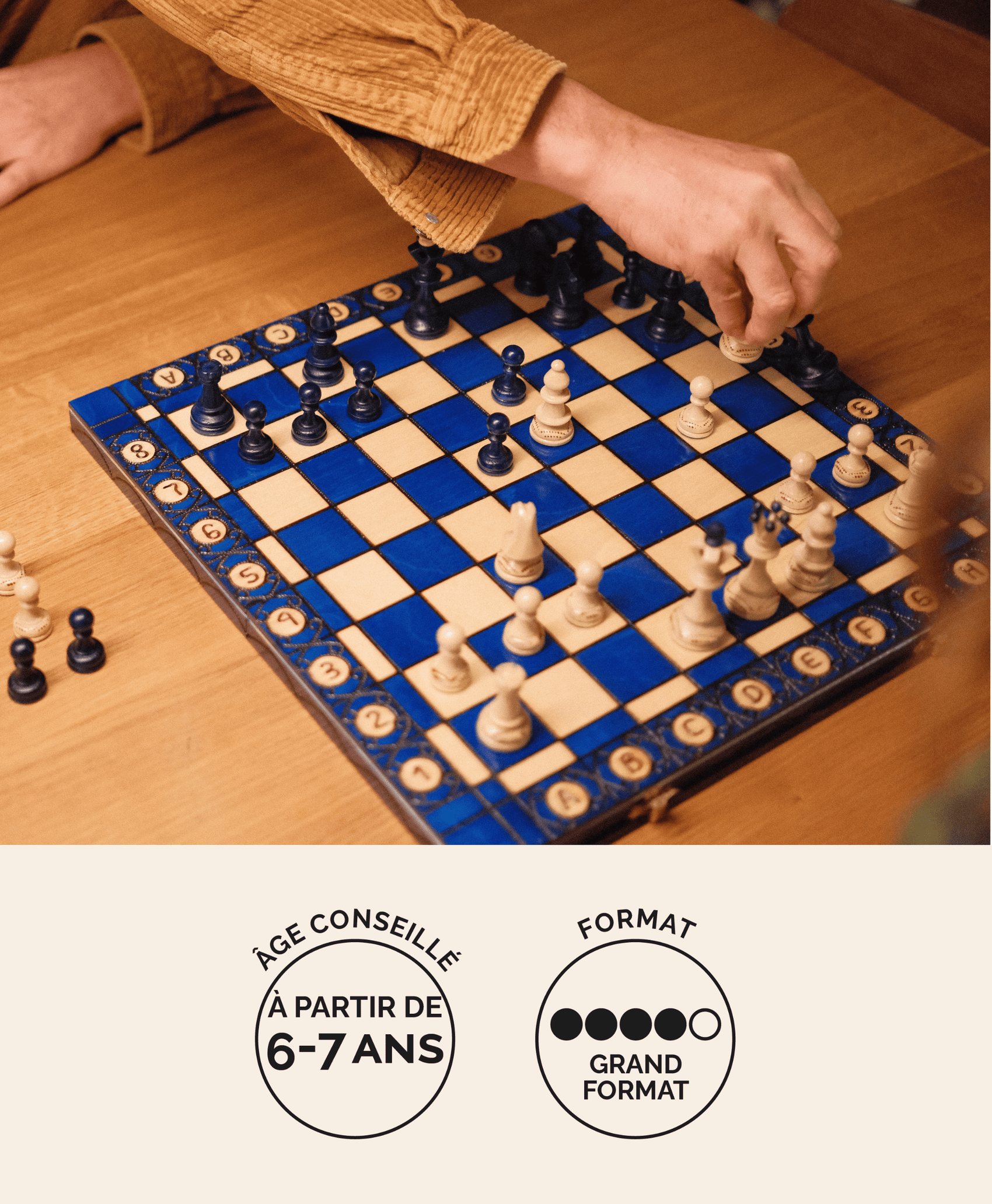 Jeu d'échecs (échiquier) en bois bleu format L Jeux Faugère – idée cadeau, jeu 2 joueurs dès 6 ans